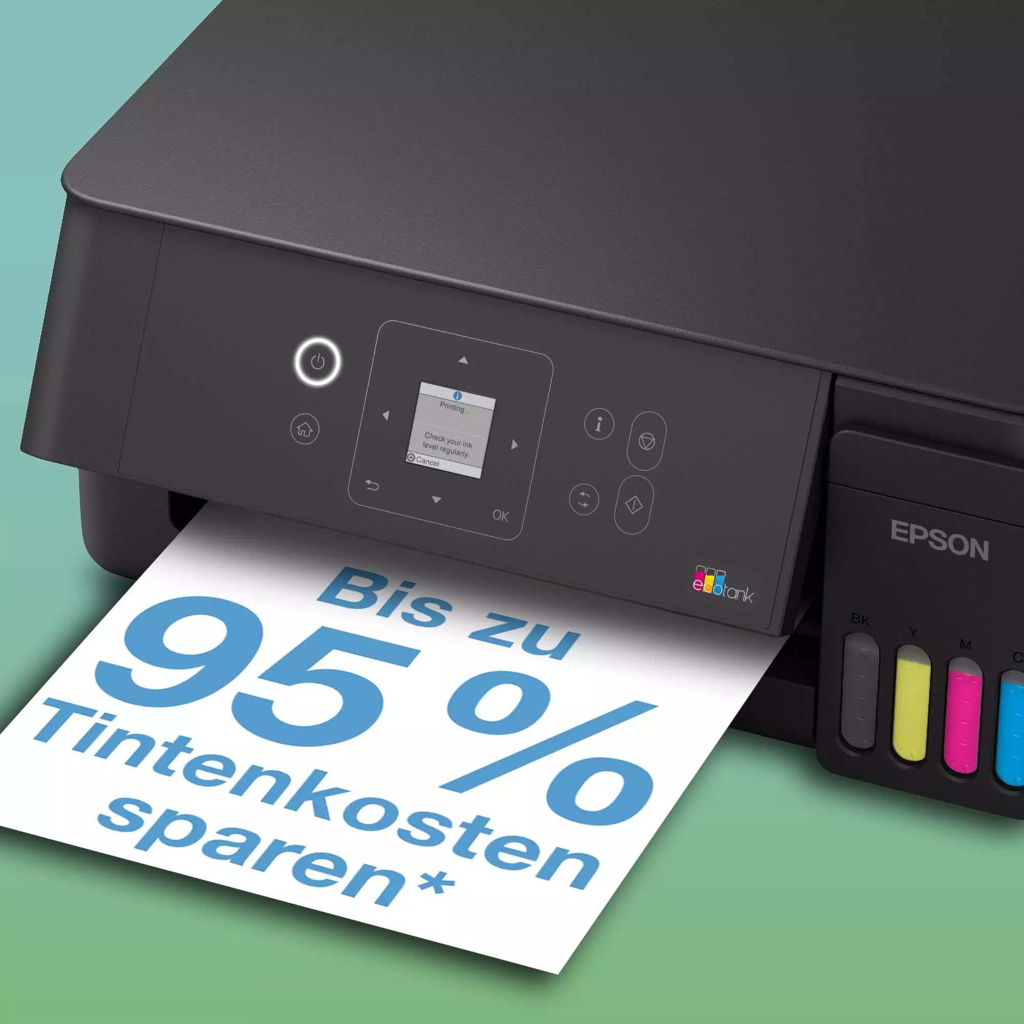 Une imprimante Epson Ecotank noire imprime une feuille "Jusqu'à 95% d'économies d'encre".