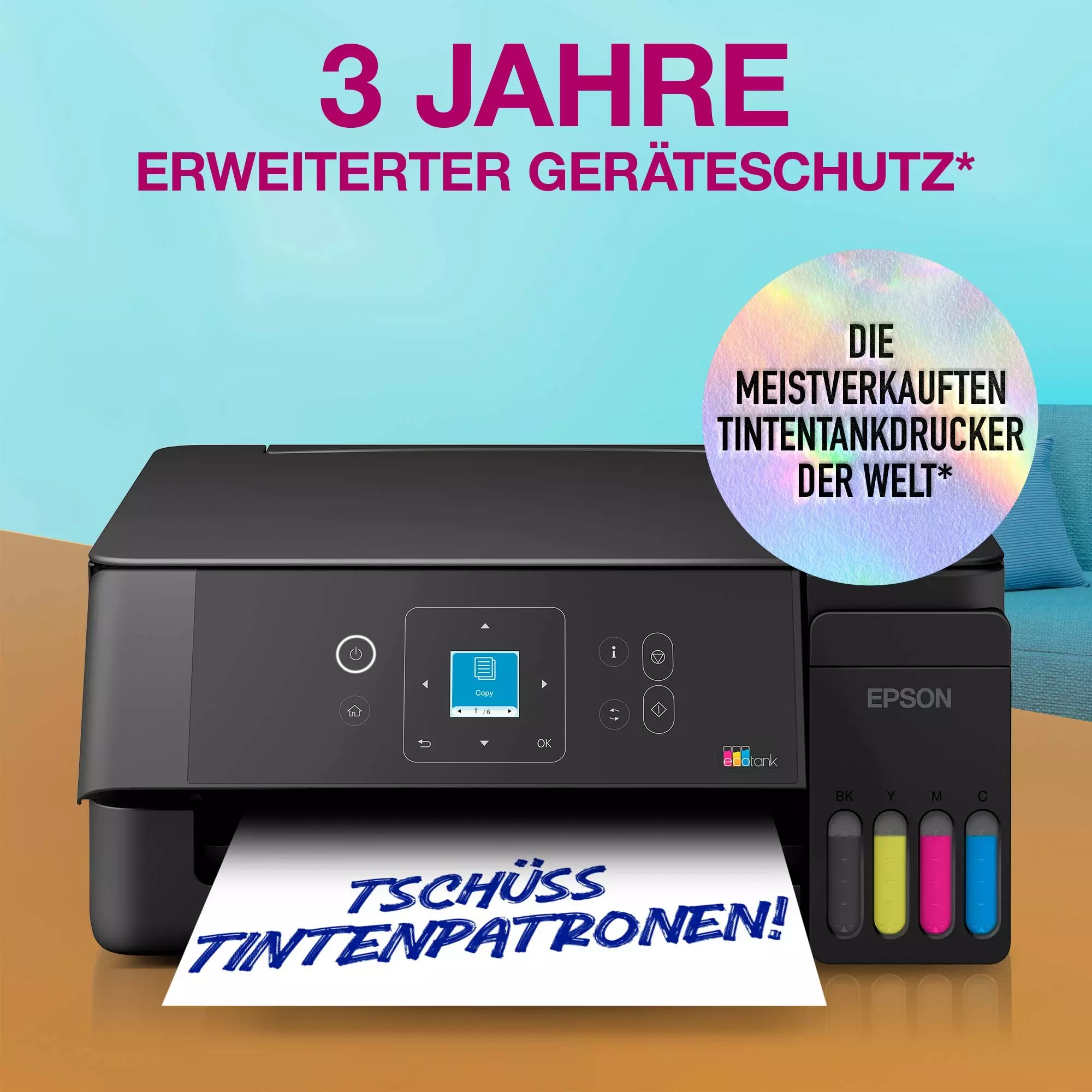 Imprimante Epson EcoTank avec 3 ans de protection, imprime 'Adieu cartouches!'