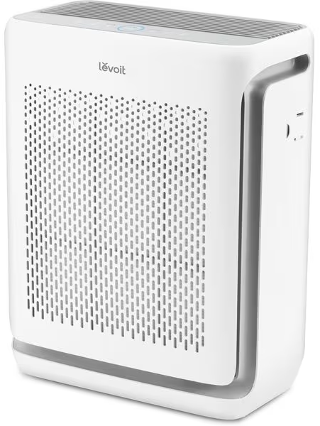 Un purificatore d'aria Levoit bianco con parte superiore e griglia anteriore grigie.