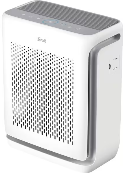 Un purificatore d'aria bianco con pannello superiore grigio e controlli.