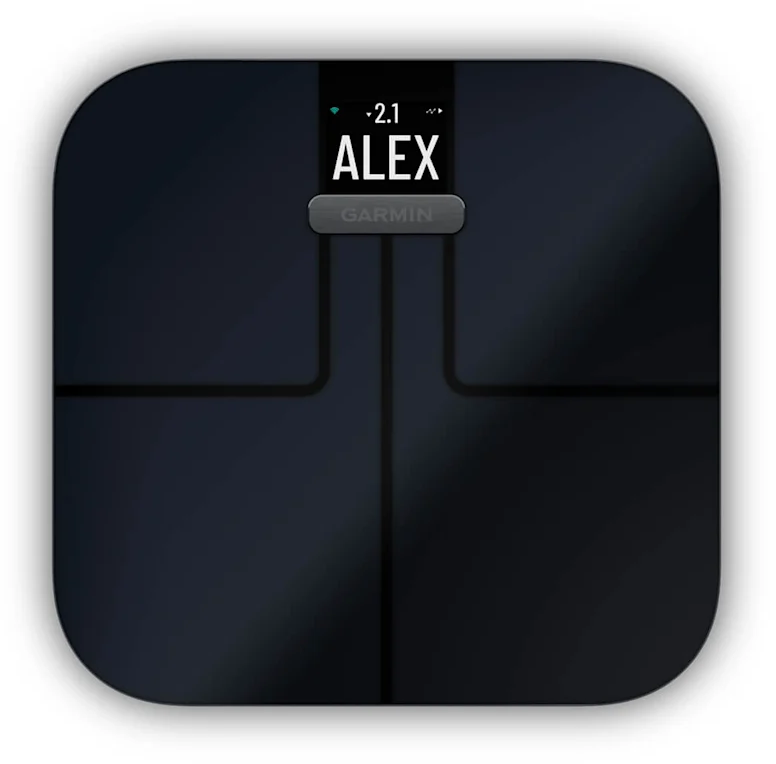 Eine dunkle digitale Personenwaage mit dem Namen ALEX und dem Garmin-Logo.