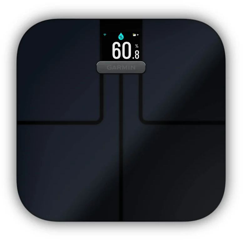Dunkle digitale Waage mit Garmin-Logo und 60,8% Anzeige.
