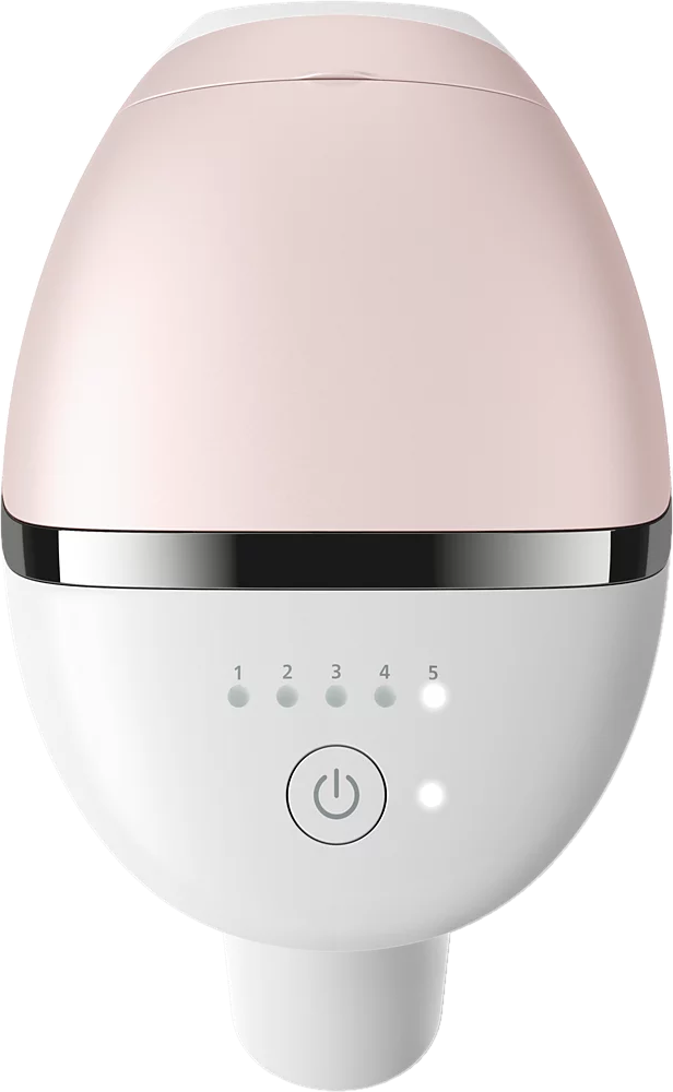 Un appareil rose et blanc avec cinq voyants lumineux et un bouton d'alimentation.