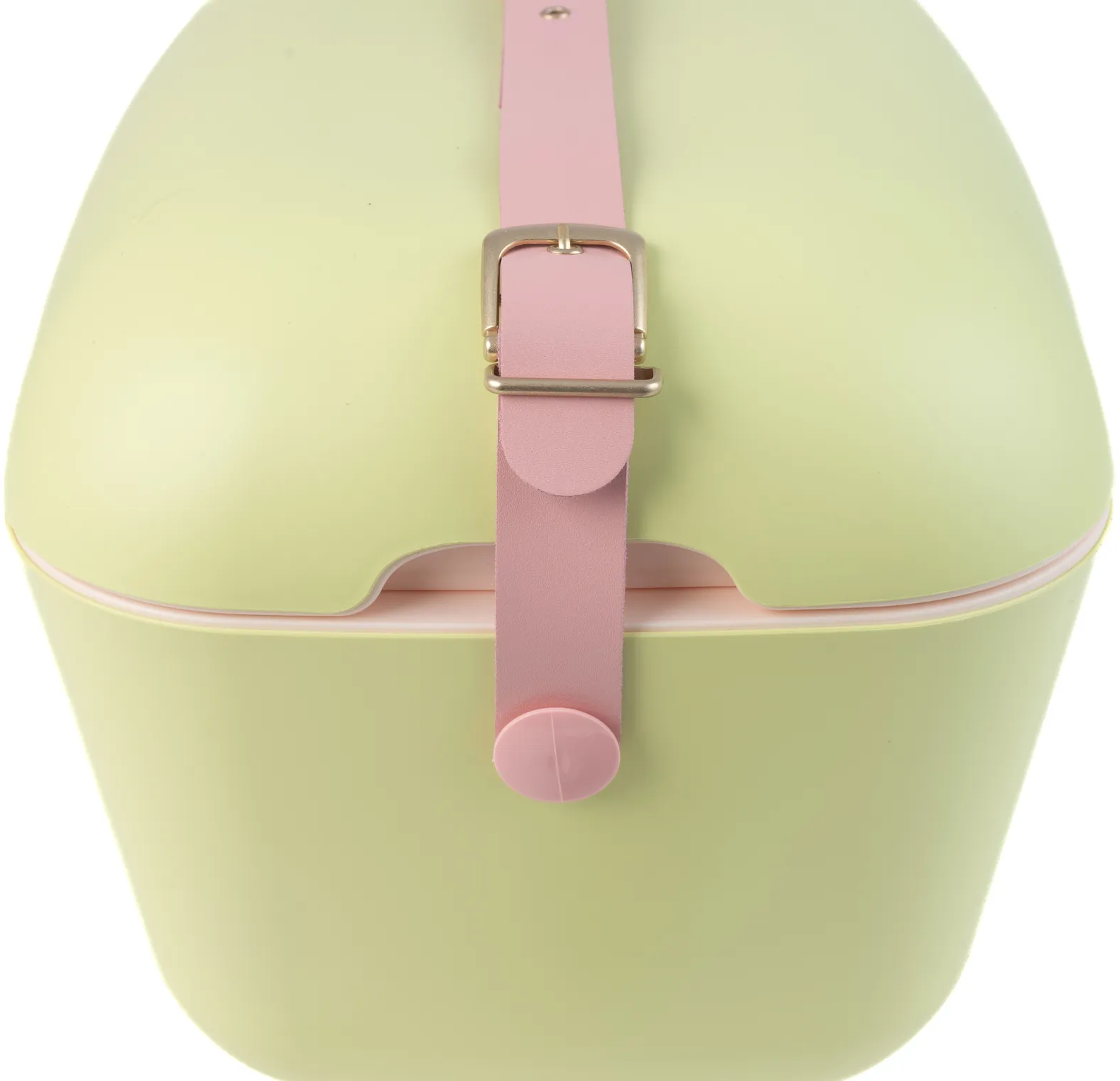 Eine hellgrüne Tasche mit einem rosafarbenen Riemen und einer goldenen Schnalle.