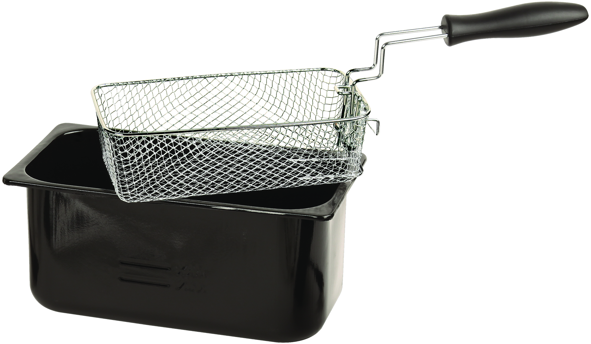 Une friteuse noire avec un panier en fil et une poignée noire.