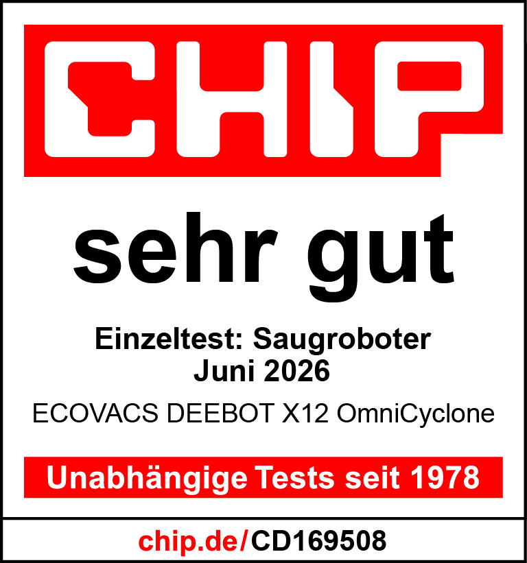CHIP-Logo, "sehr gut", Saugroboter-Test, ECOVACS DEEBOT X12, Tests seit 1978.