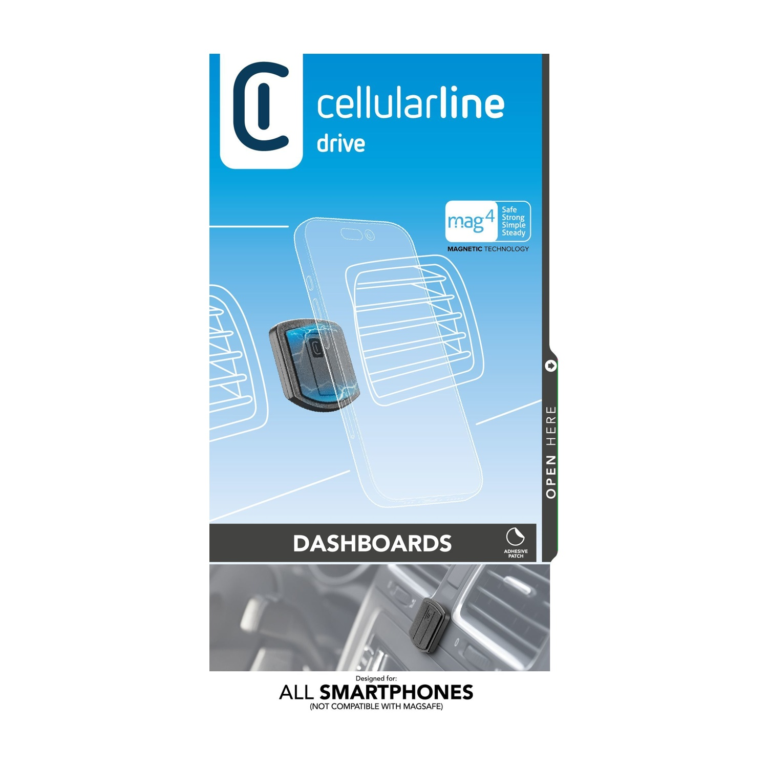 Confezione per supporto auto Cellularline con tecnologia magnetica per smartphone.