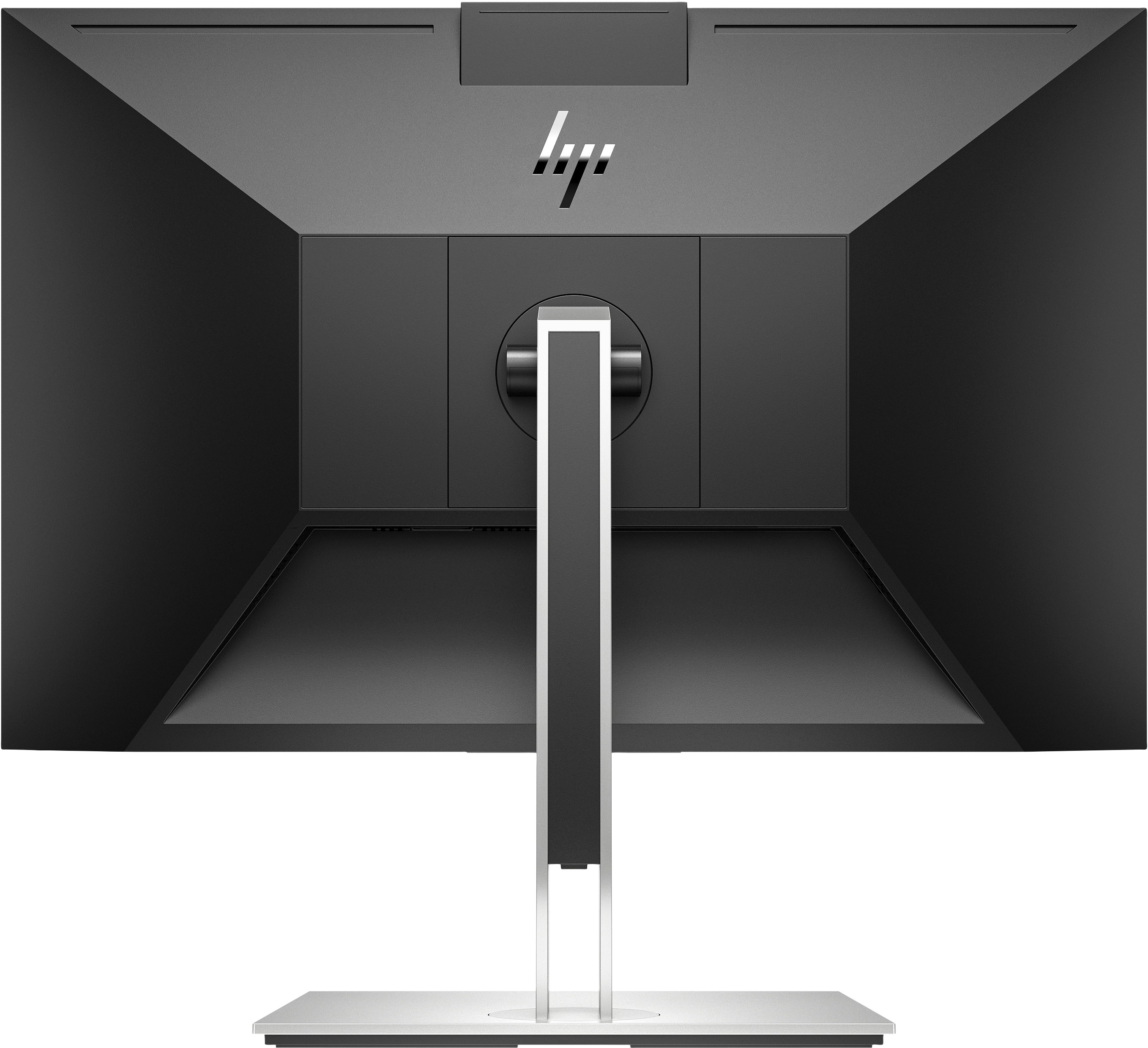 Vista trasera de un monitor HP negro con soporte y logo plateados.