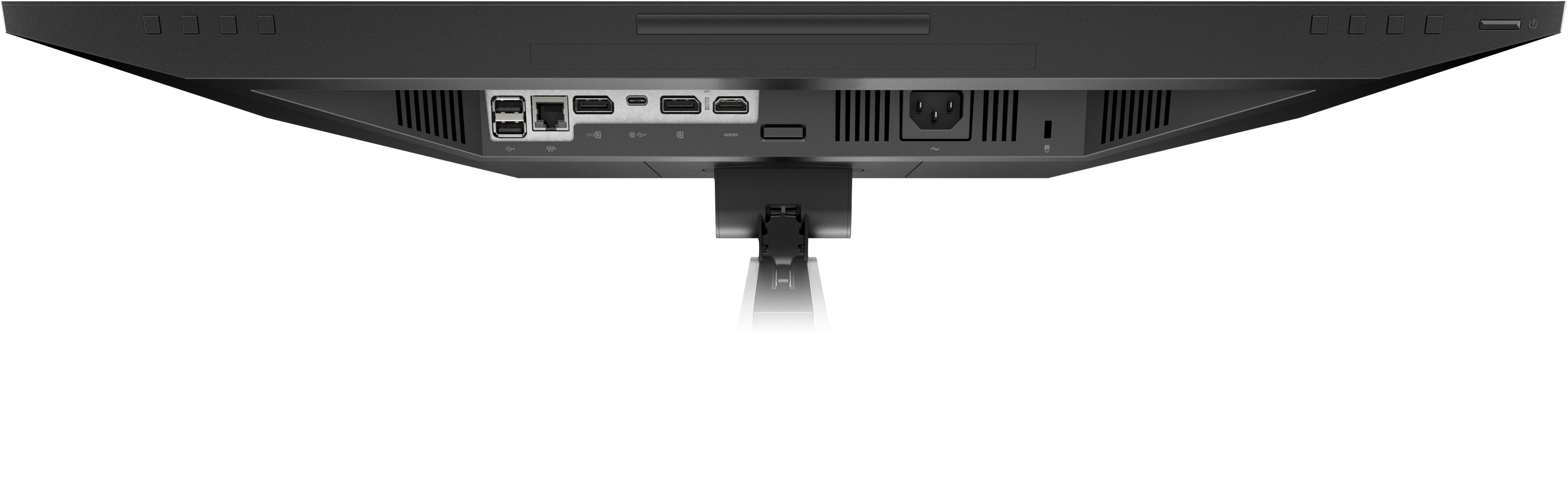 Vista trasera de monitor negro con puertos: USB, HDMI, corriente.