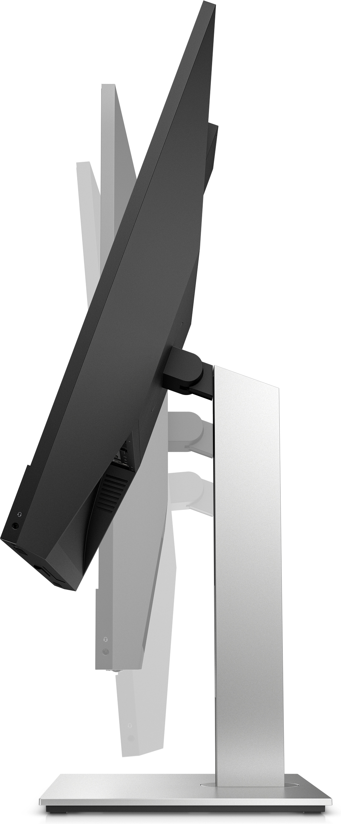 Un monitor negro sobre un soporte plateado con brazo ajustable.