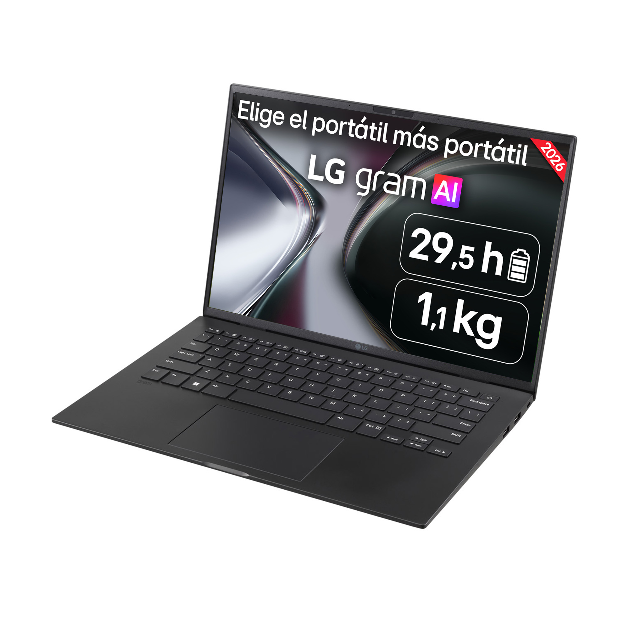 Portátil LG Gram AI negro con 29,5h de batería y 1,1kg de peso.