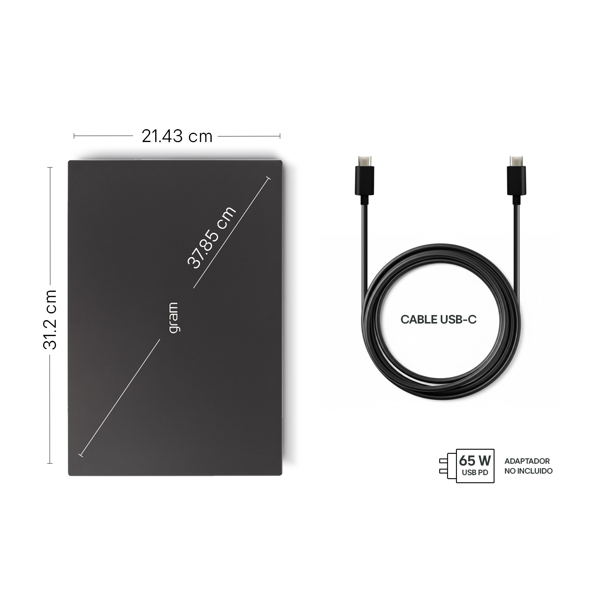 Portátil negro con dimensiones y cable USB-C. Adaptador de corriente no incluido.
