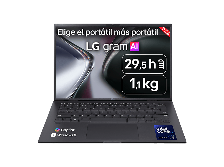 Portátil - LG gram 14ZB90S-G.AA55BN, 14" WQXGA, Intel® Core™ Ultra 5 115U, 16GB RAM, 512GB SSD, Arc™ Onboard Graphics, Windows 11 Home, Sin cargador