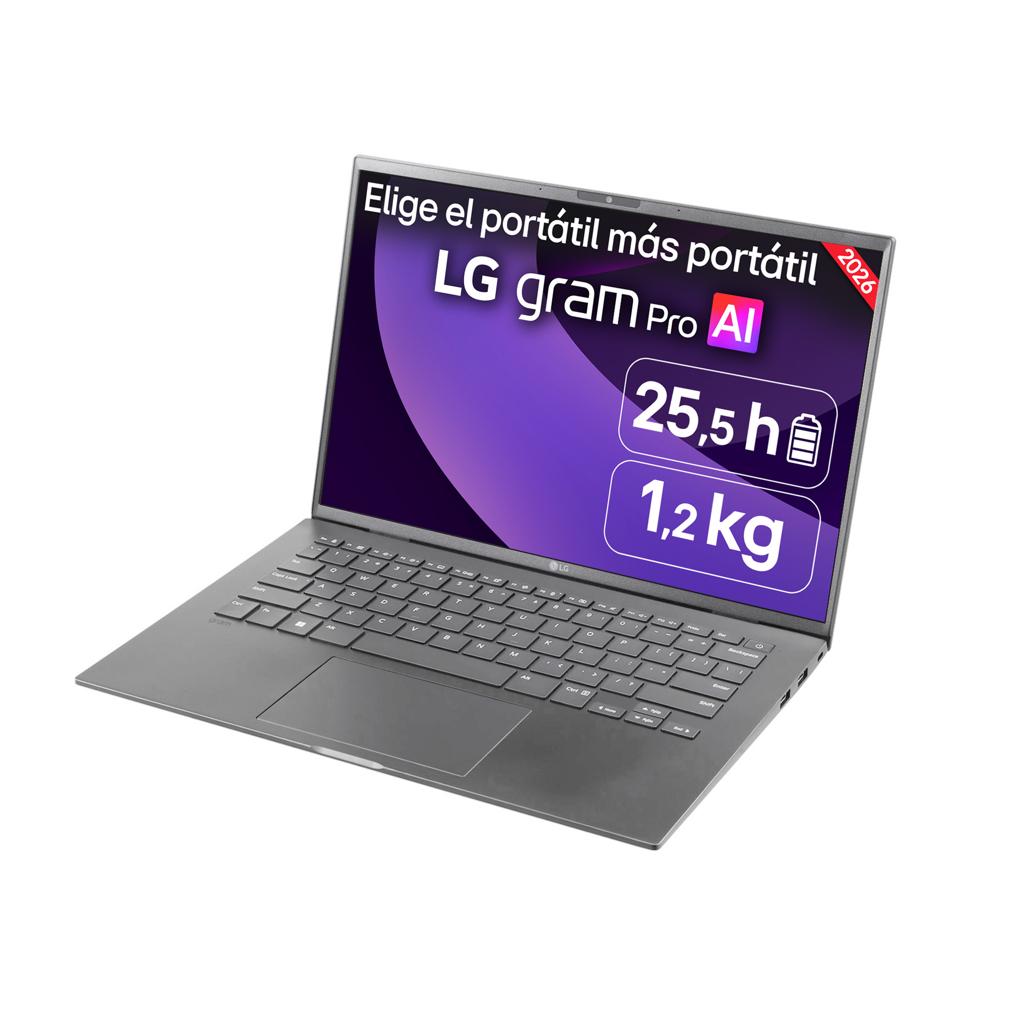 Portátil gris LG Gram Pro con fondo morado, 25.5h batería, 1.2kg.