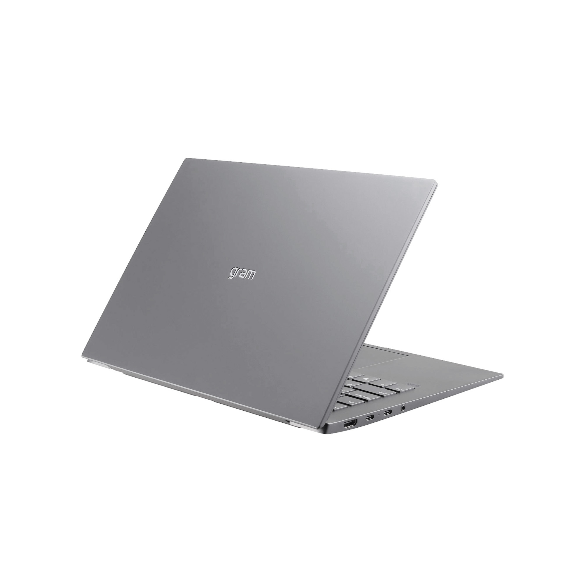 Un portátil LG Gram gris se muestra sobre un fondo blanco.