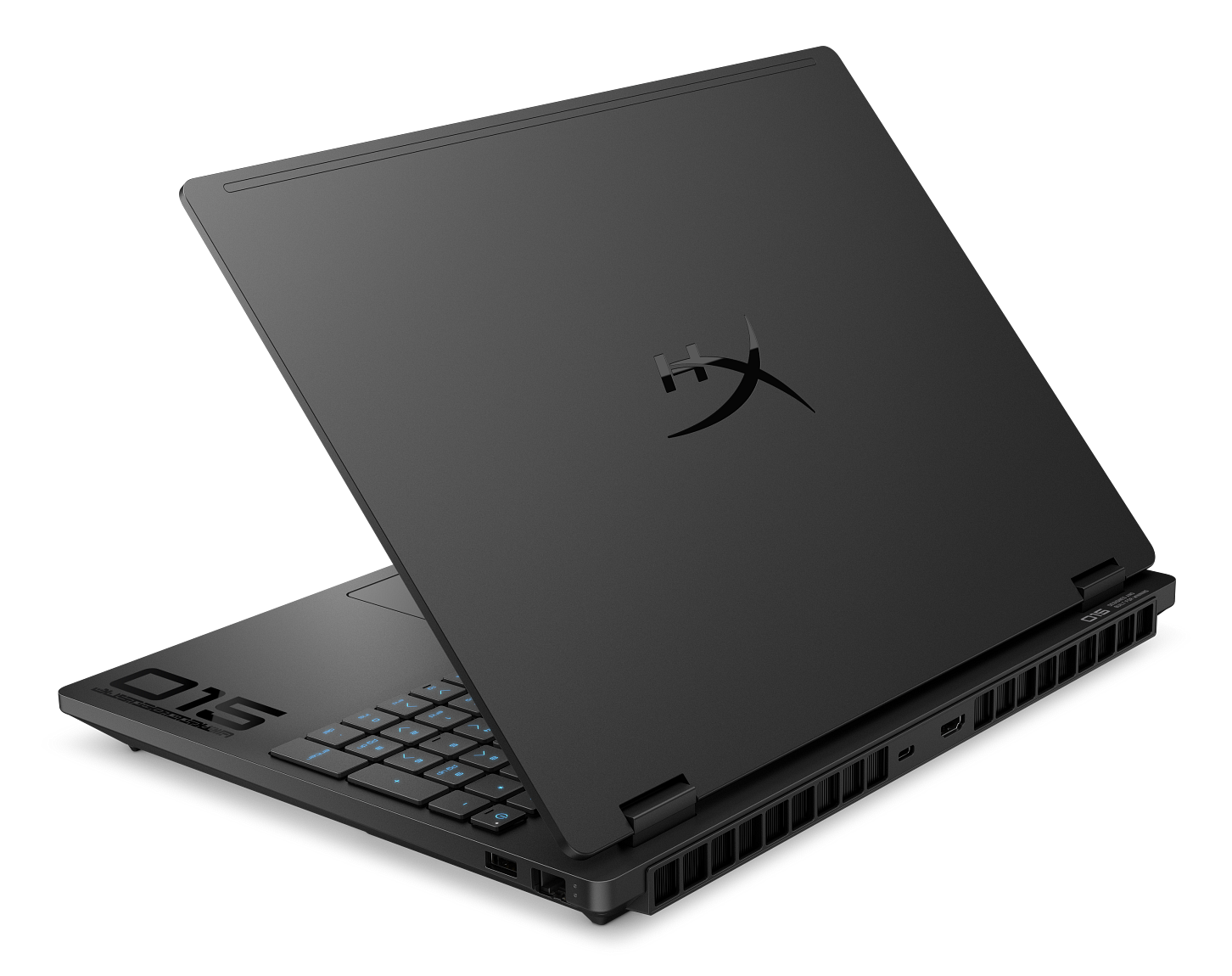 Czarny laptop z podświetlaną niebieską klawiaturą i logo na pokrywie. Widoczne boczne otwory wentylacyjne.
