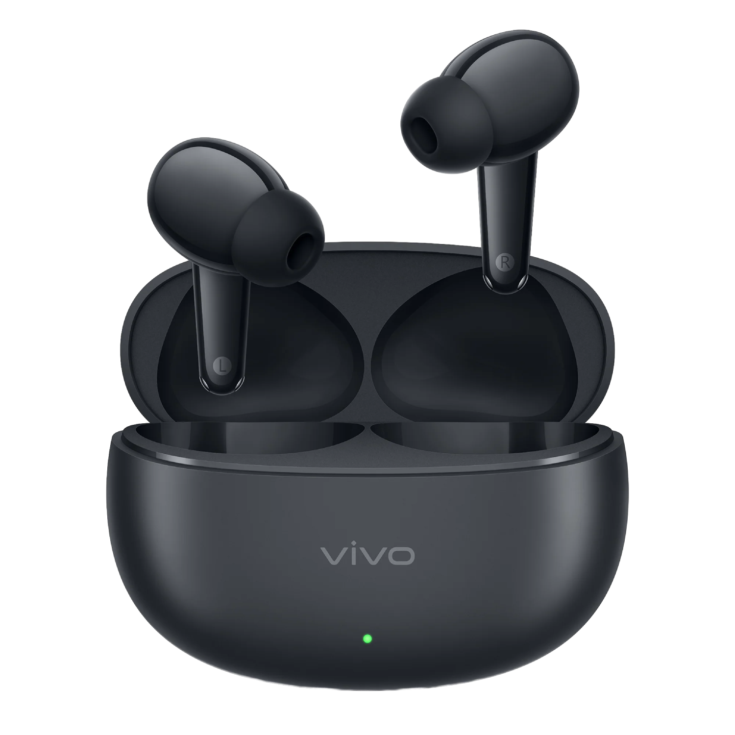 Auriculares inalámbricos Vivo negros con estuche de carga abierto. Se ven auriculares L y R.