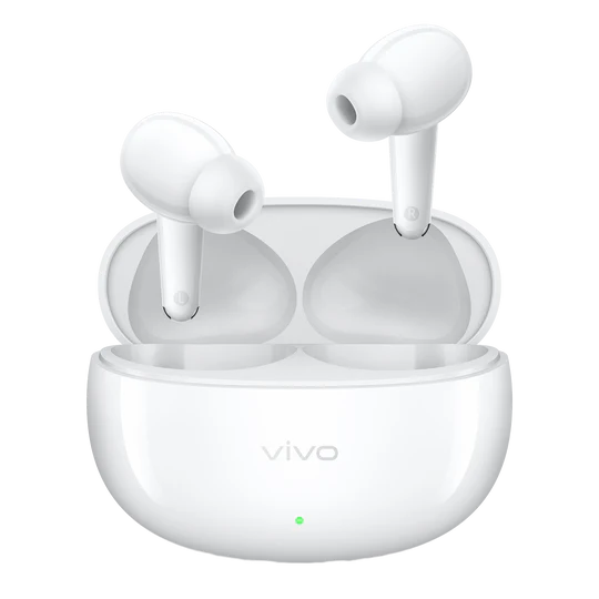 Auriculares blancos Vivo con estuche de carga y LED verde.