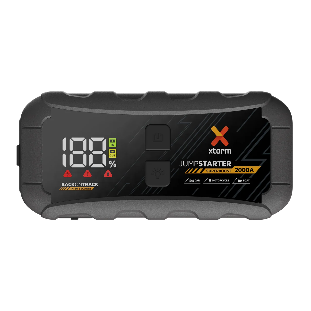 Dispositivo negro Xtorm jumpstarter con pantalla digital mostrando 188% de carga.