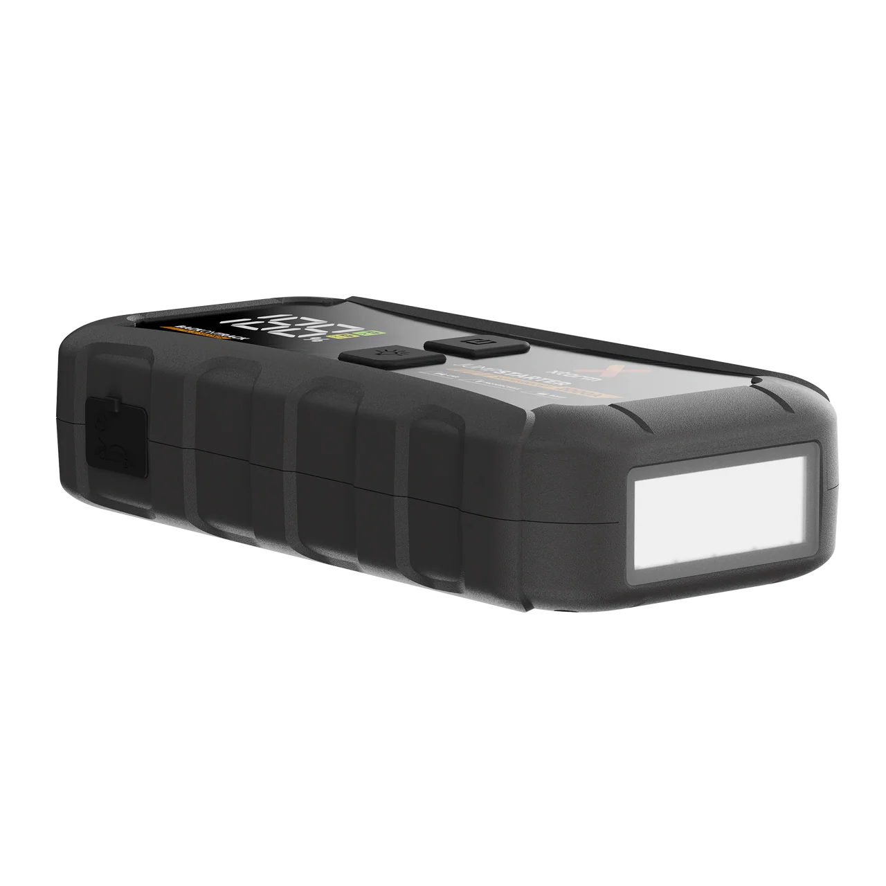 Dispositivo negro y robusto con pantalla y botones, emite un haz de luz blanco.