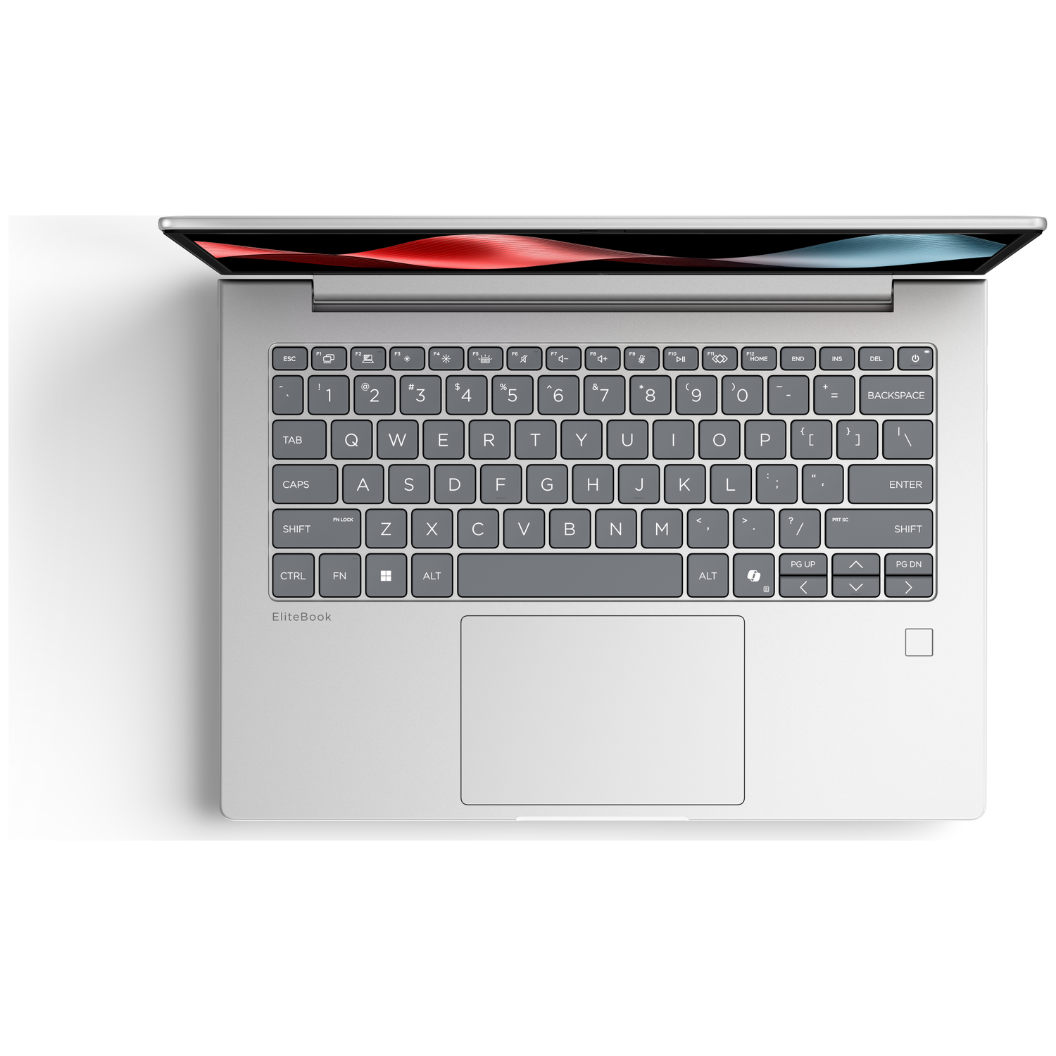 Bovenaanzicht van een geopende zilveren EliteBook laptop met een kleurrijk abstracte schermweergave.