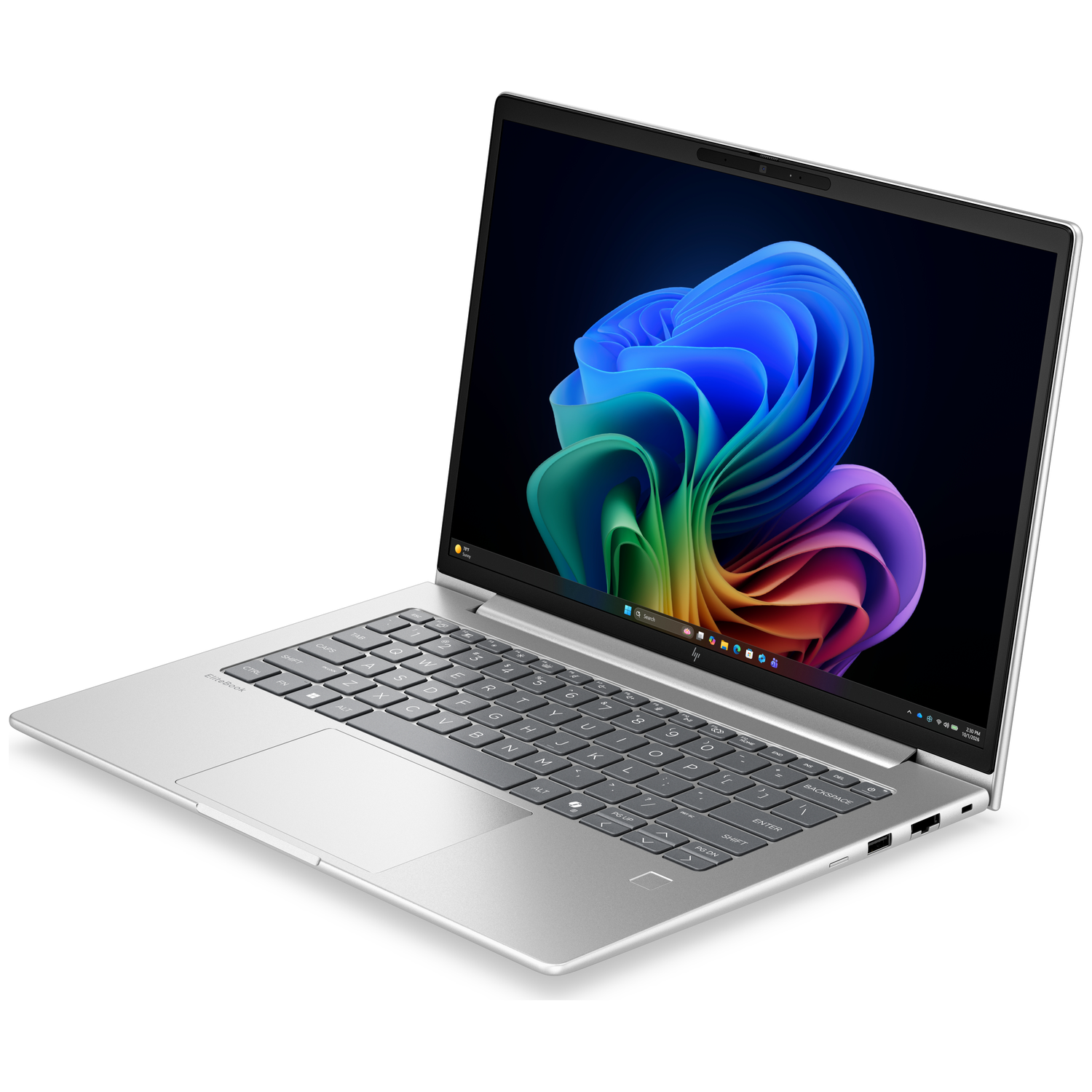 Een zilveren laptop met een kleurrijke abstracte achtergrondafbeelding.