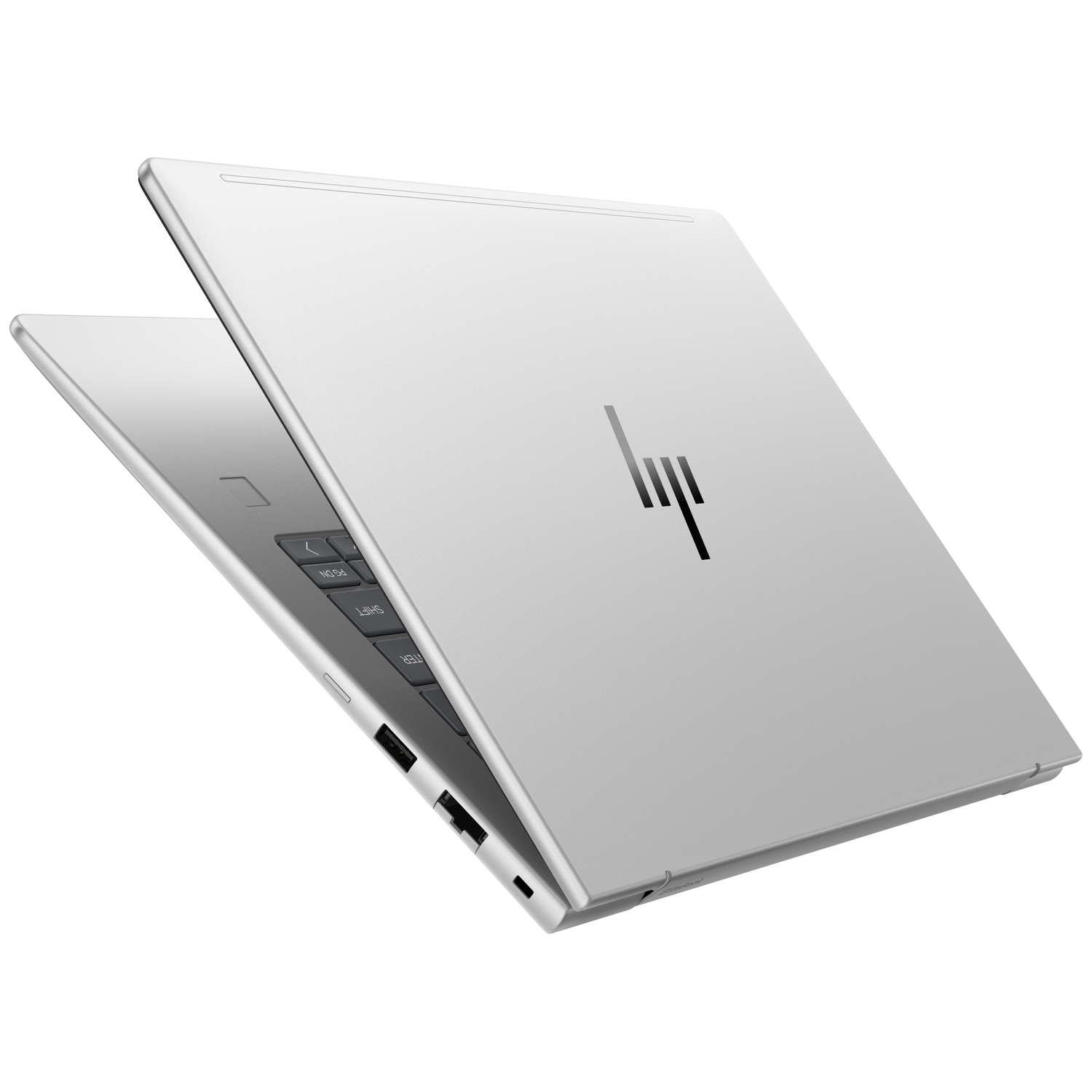 Een zilveren HP laptop is open, met toetsenbord en logo zichtbaar.