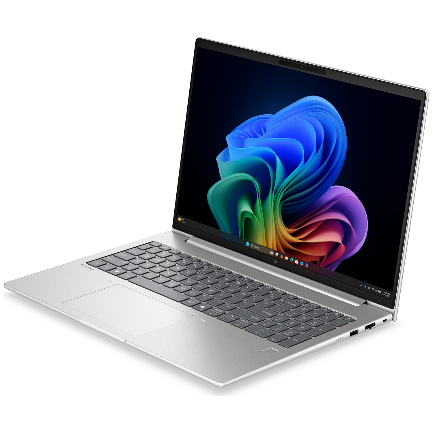 Een zilveren laptop met een kleurrijke abstracte achtergrond op het scherm.