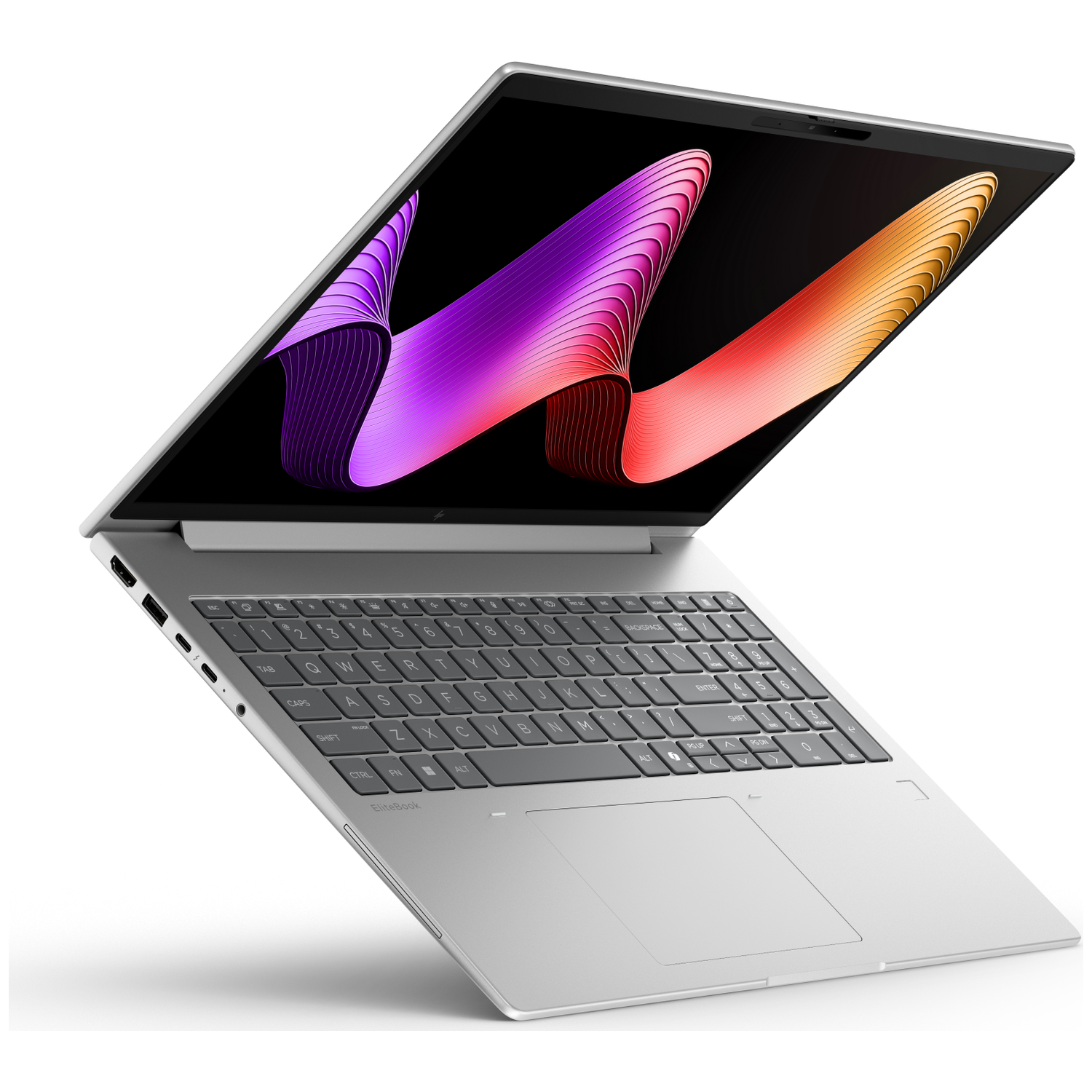 Een zilveren HP EliteBook laptop is geopend en toont een kleurrijke abstracte achtergrondafbeelding.