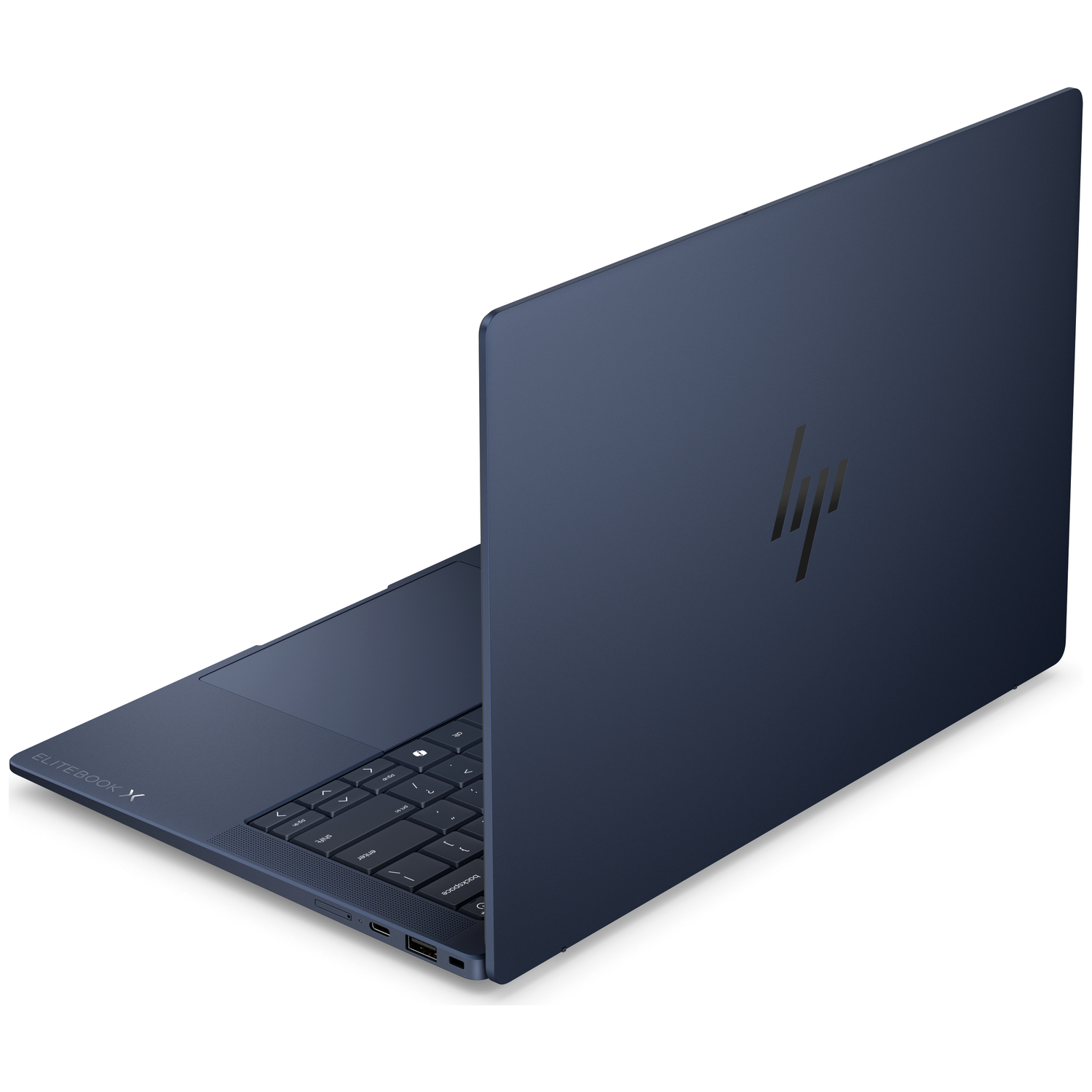 Een donkerblauwe HP Elitebook laptop met toetsenbord en trackpad op een witte achtergrond.