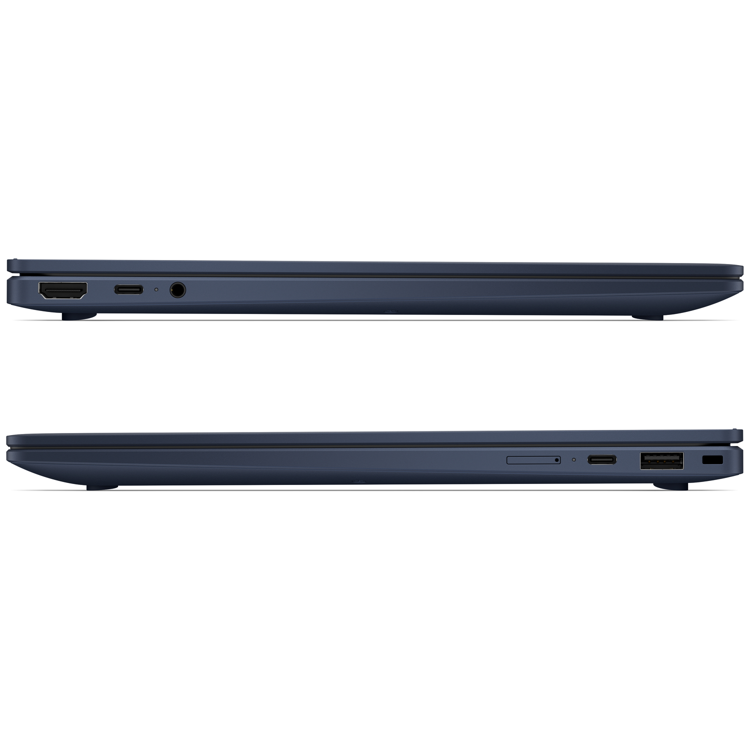 Donkerblauwe laptop zijaanzicht met poorten: HDMI, USB-C, audio, SD-kaartlezer, USB-A.