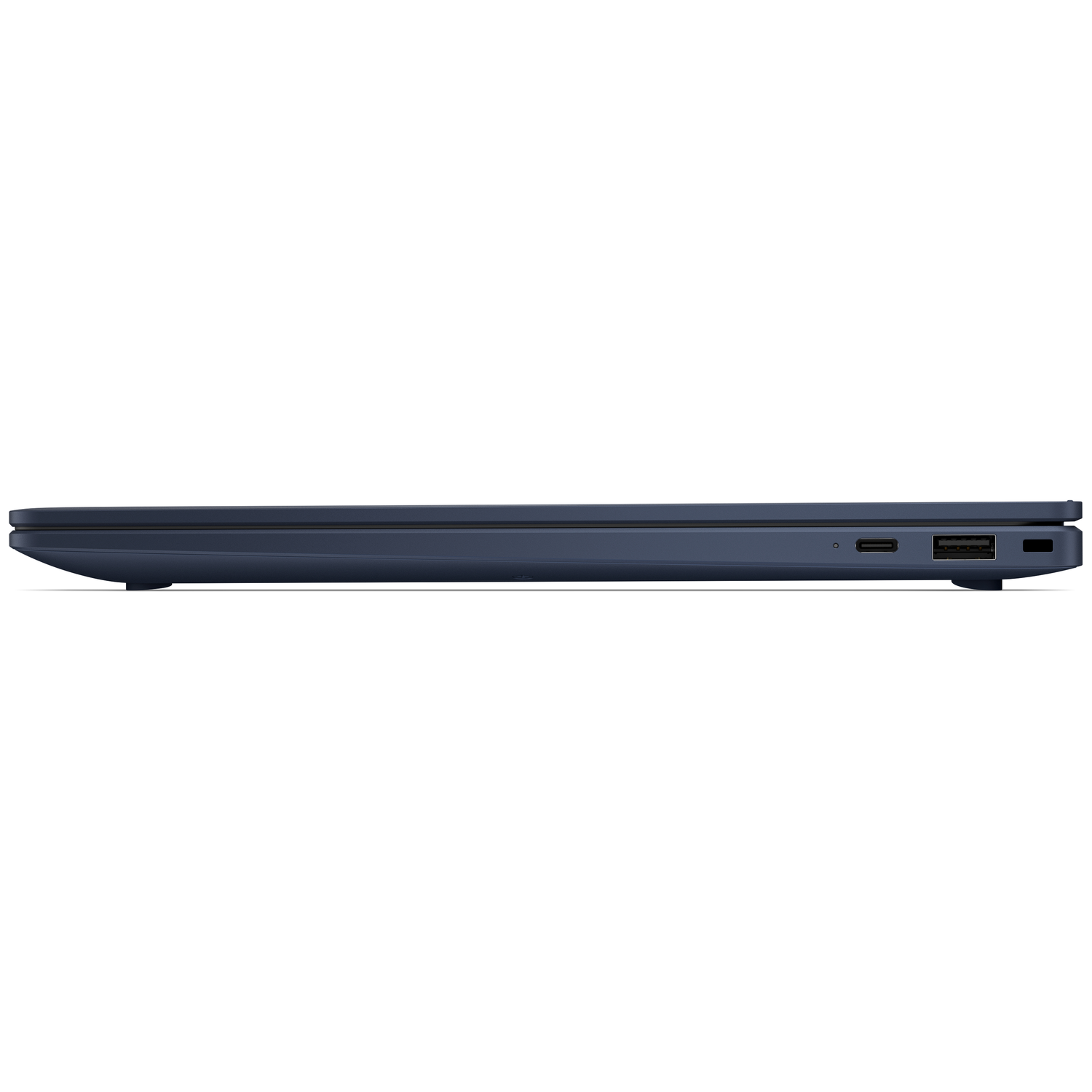 Donkerblauw laptop profiel met USB en andere poorten aan de rechterkant.