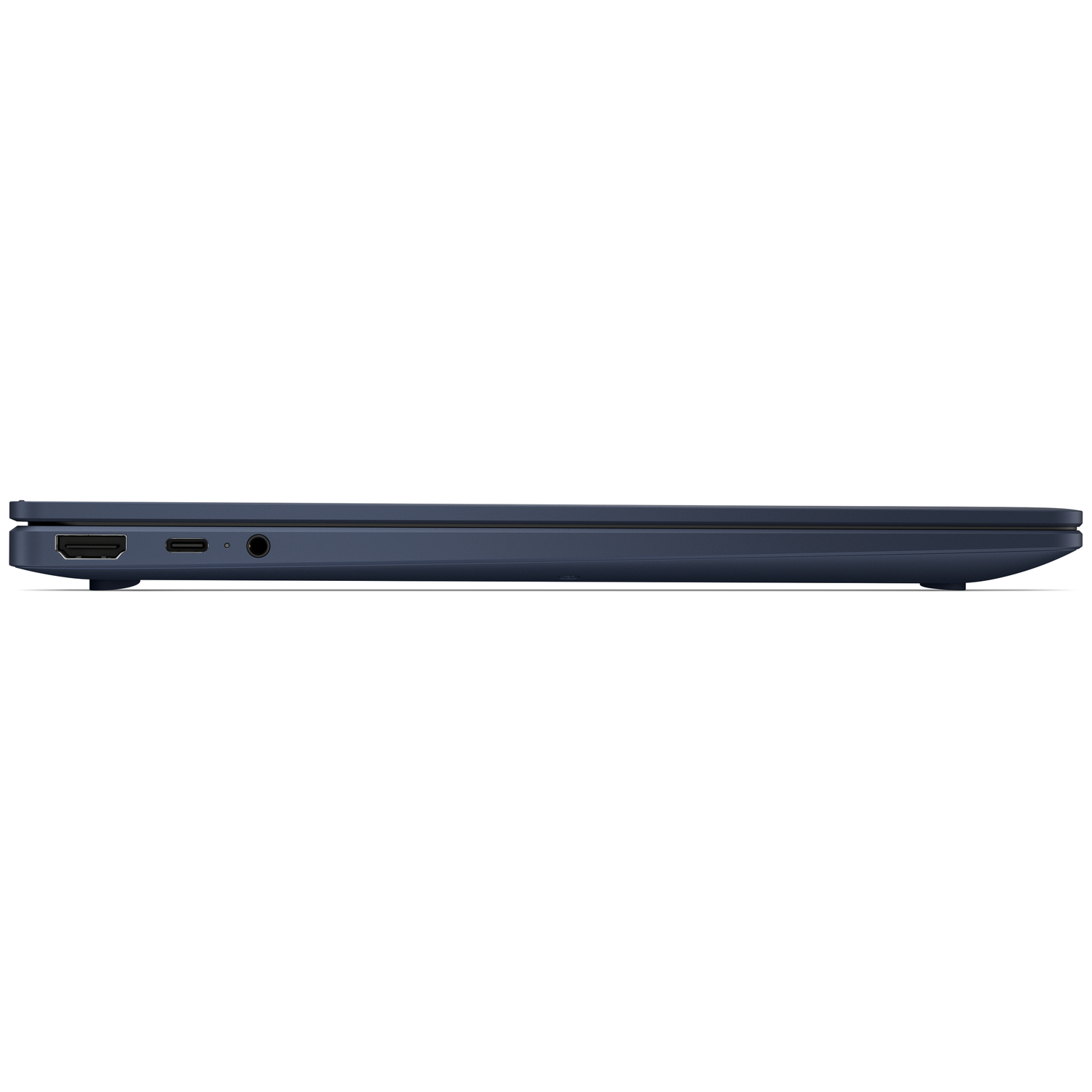 Donkerblauwe, gesloten laptop met HDMI-, USB-C- en koptelefoonaansluitingen.