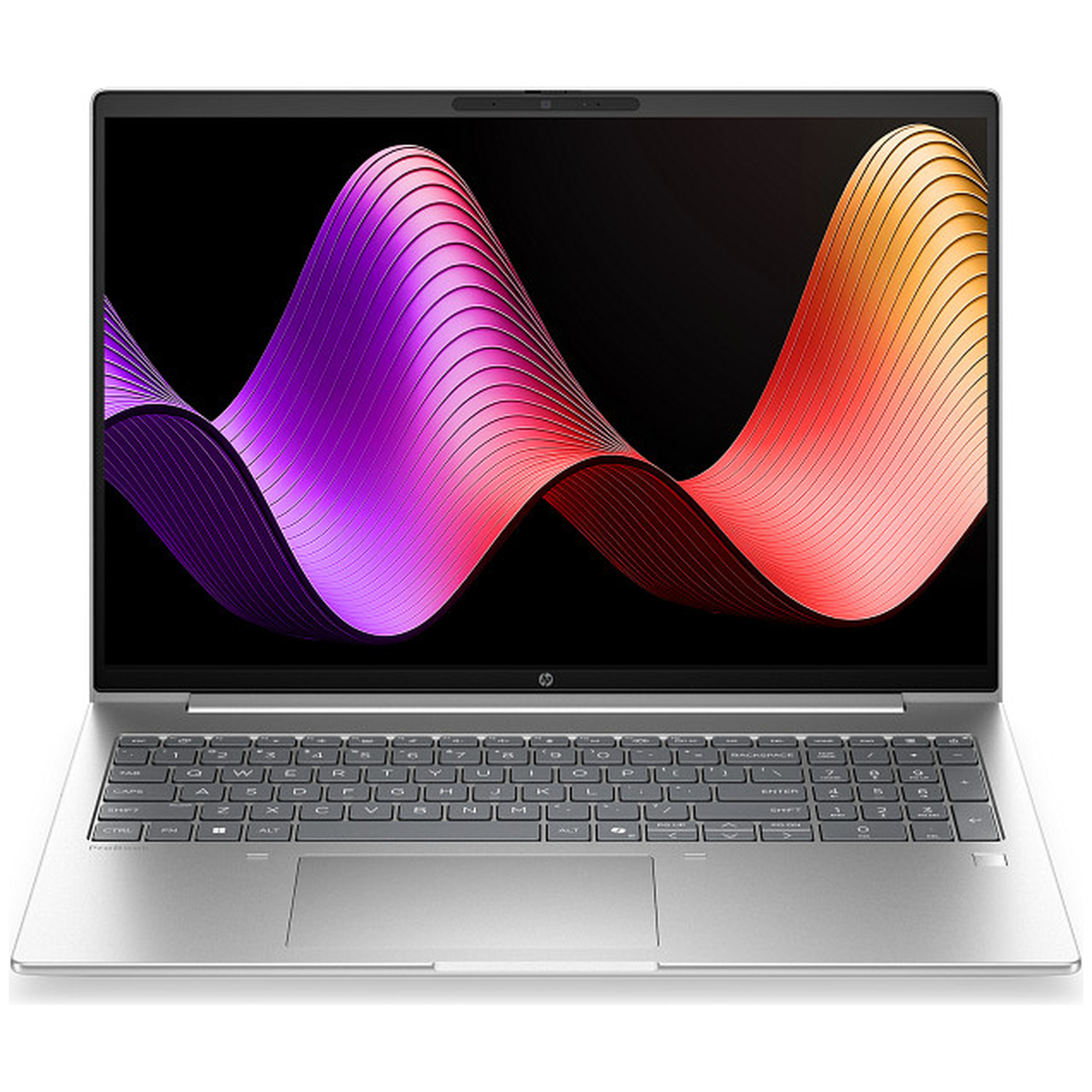 Een zilveren HP laptop met een paars en oranje golvend patroon op het scherm.