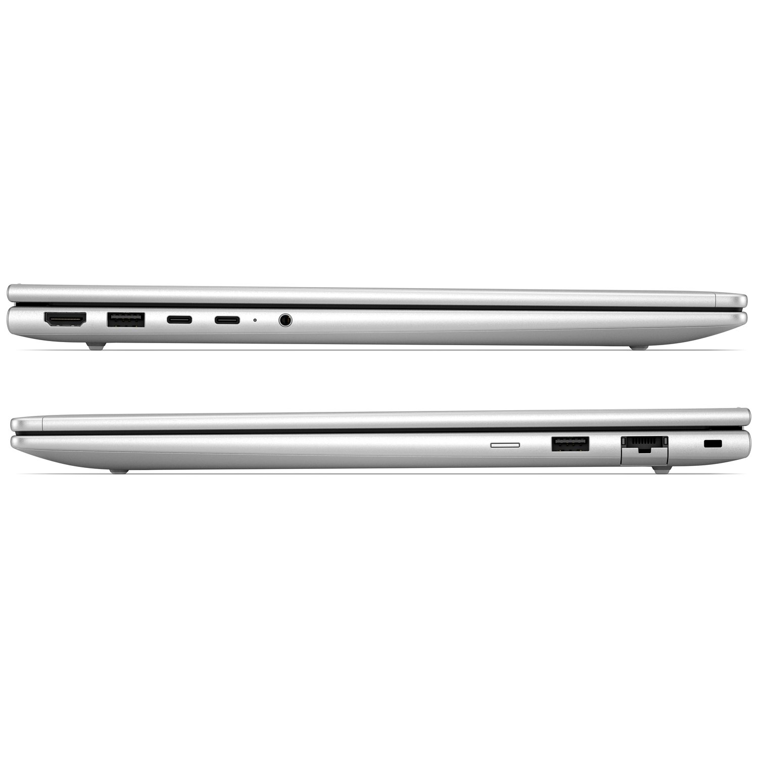 Boven- en onderaanzichten van een zilveren laptop met poorten.