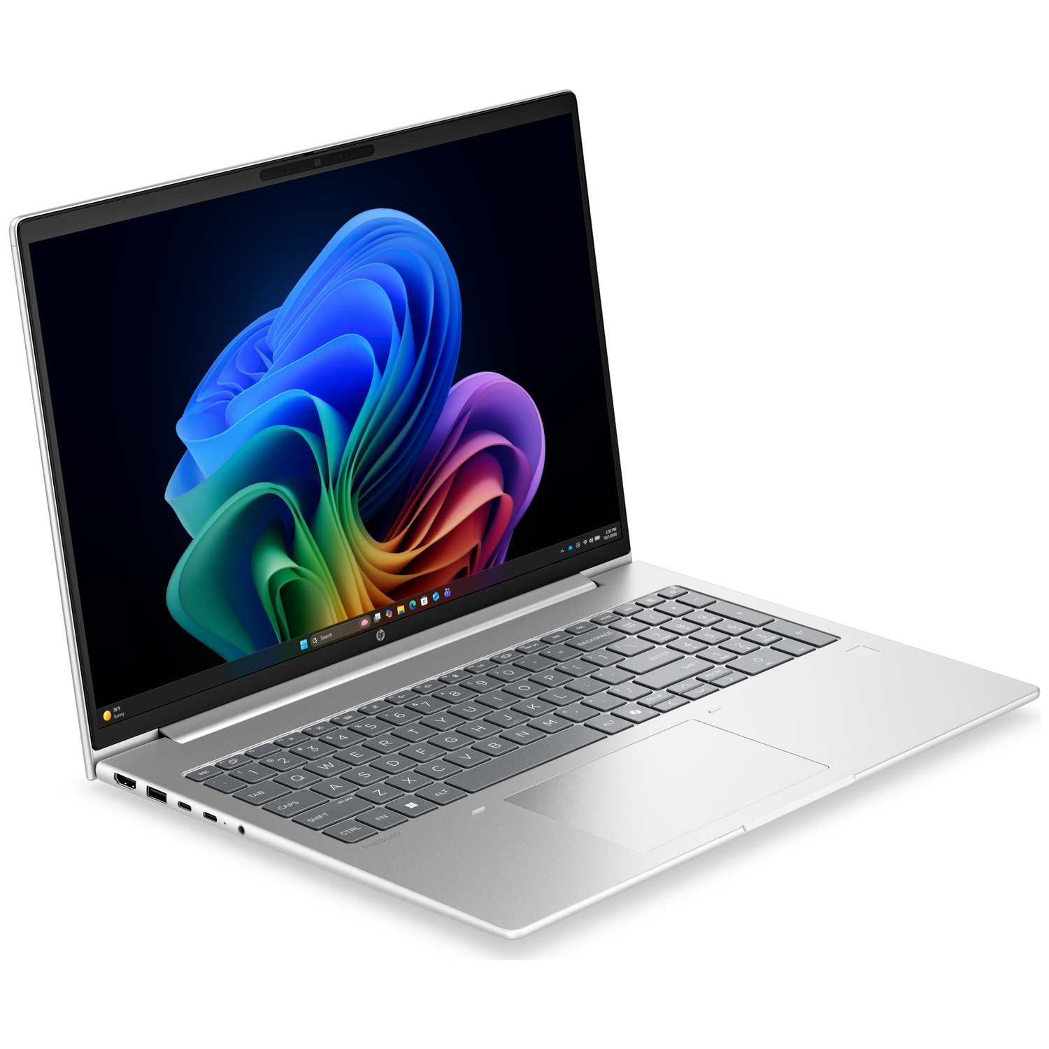 Een zilveren laptop met een kleurrijke achtergrond op het scherm.