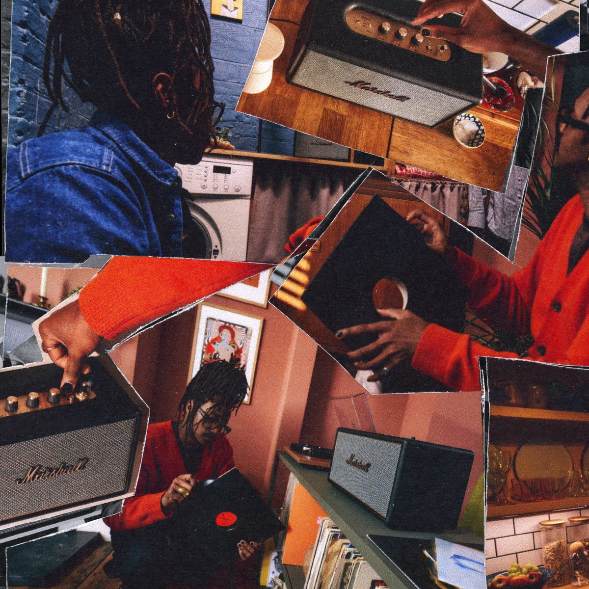 Collage mit Personen, die Schallplatten und Marshall-Lautsprecher handhaben.