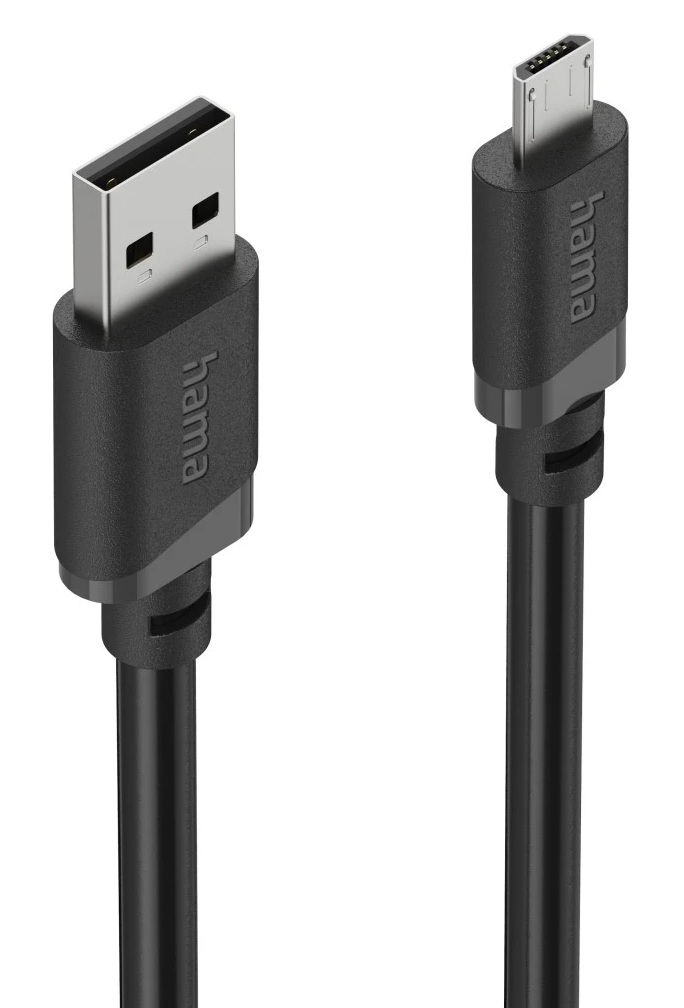 Czarny kabel USB ze standardową wtyczką typu A i wtyczką micro USB.