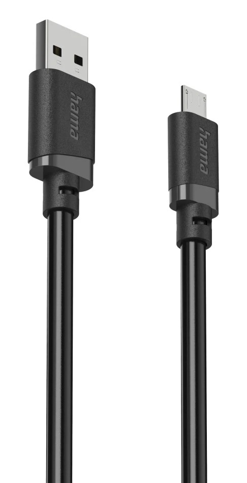 Dwa czarne kable Hama ze złączami USB-A i Micro-USB na białym tle.