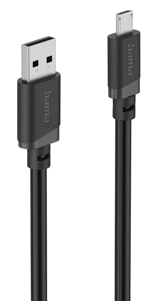 Dwa czarne kable Hama ze złączami USB-A i USB-Micro-B na białym tle.