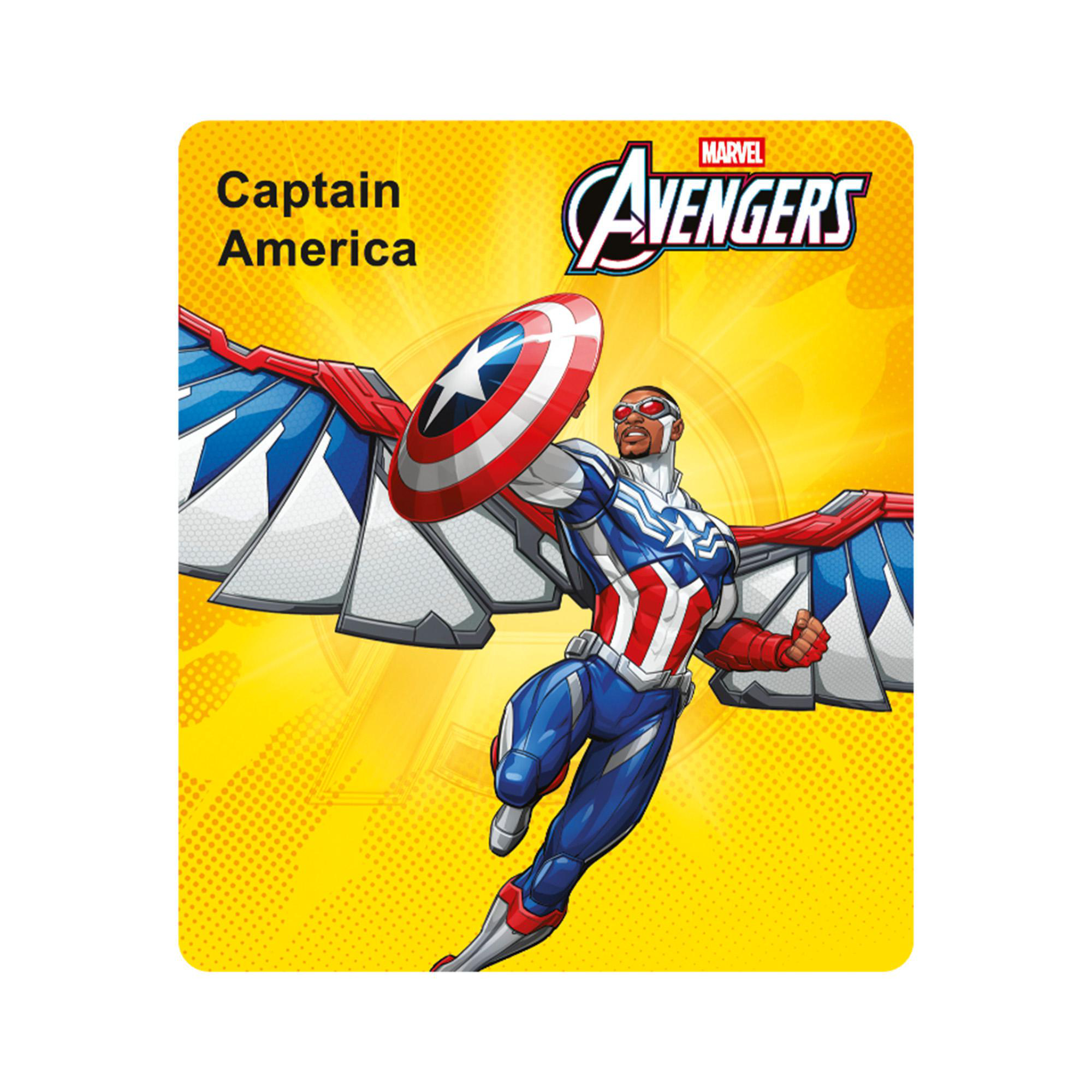 Captain America mit Flügeln und Schild fliegt vor gelbem Hintergrund.