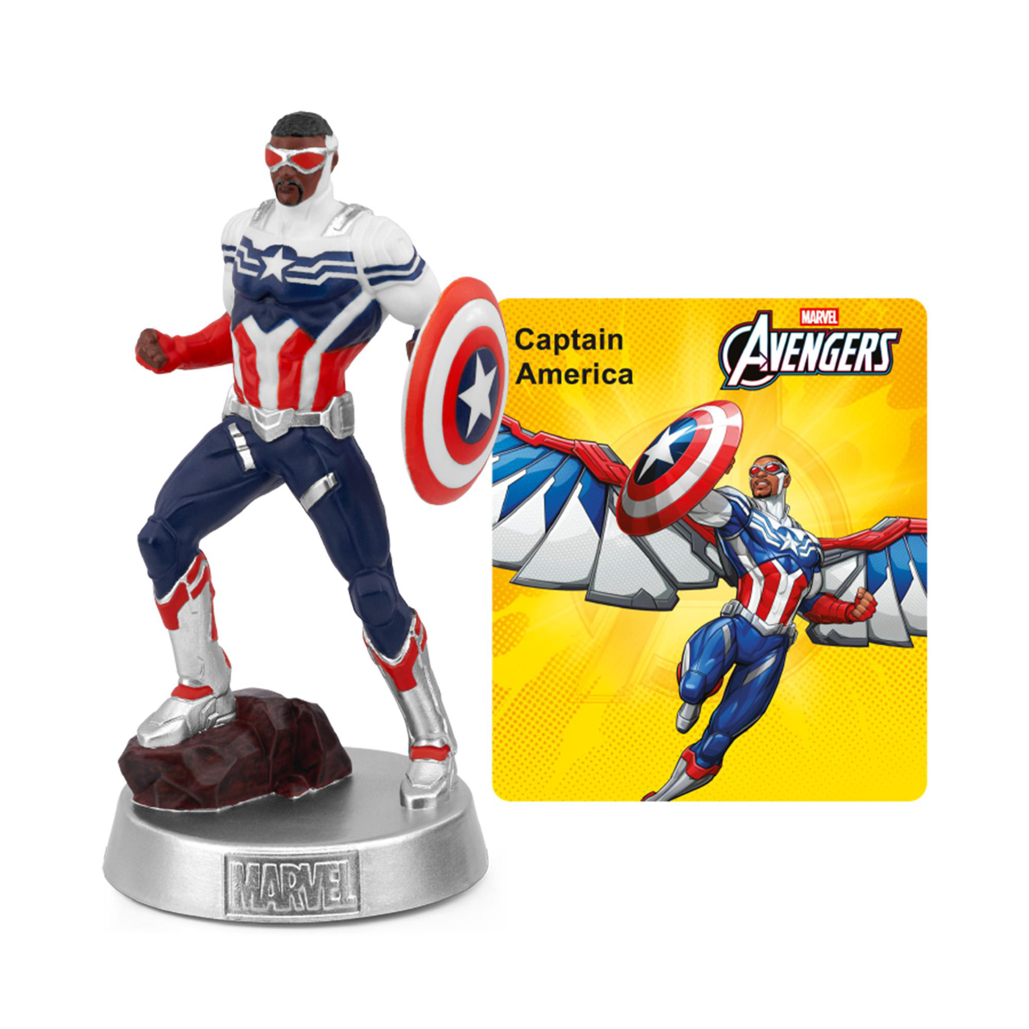 Captain America Figur mit Schild und Avengers-Logo auf gelbem Hintergrund.