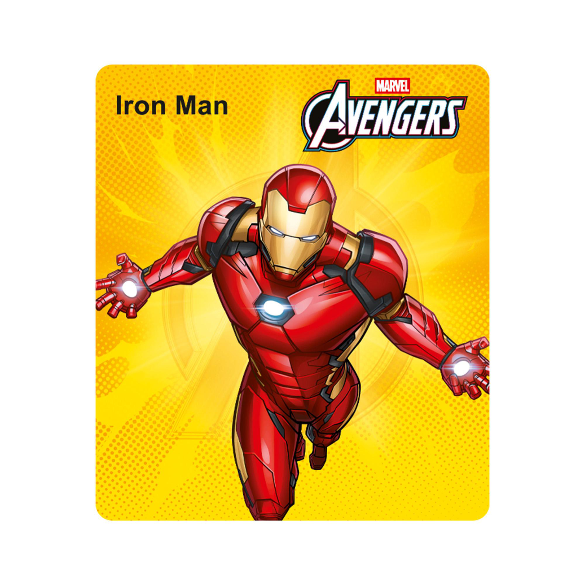 Iron Man im roten und goldenen Anzug fliegt vor einem gelben Hintergrund mit Avengers-Logo.