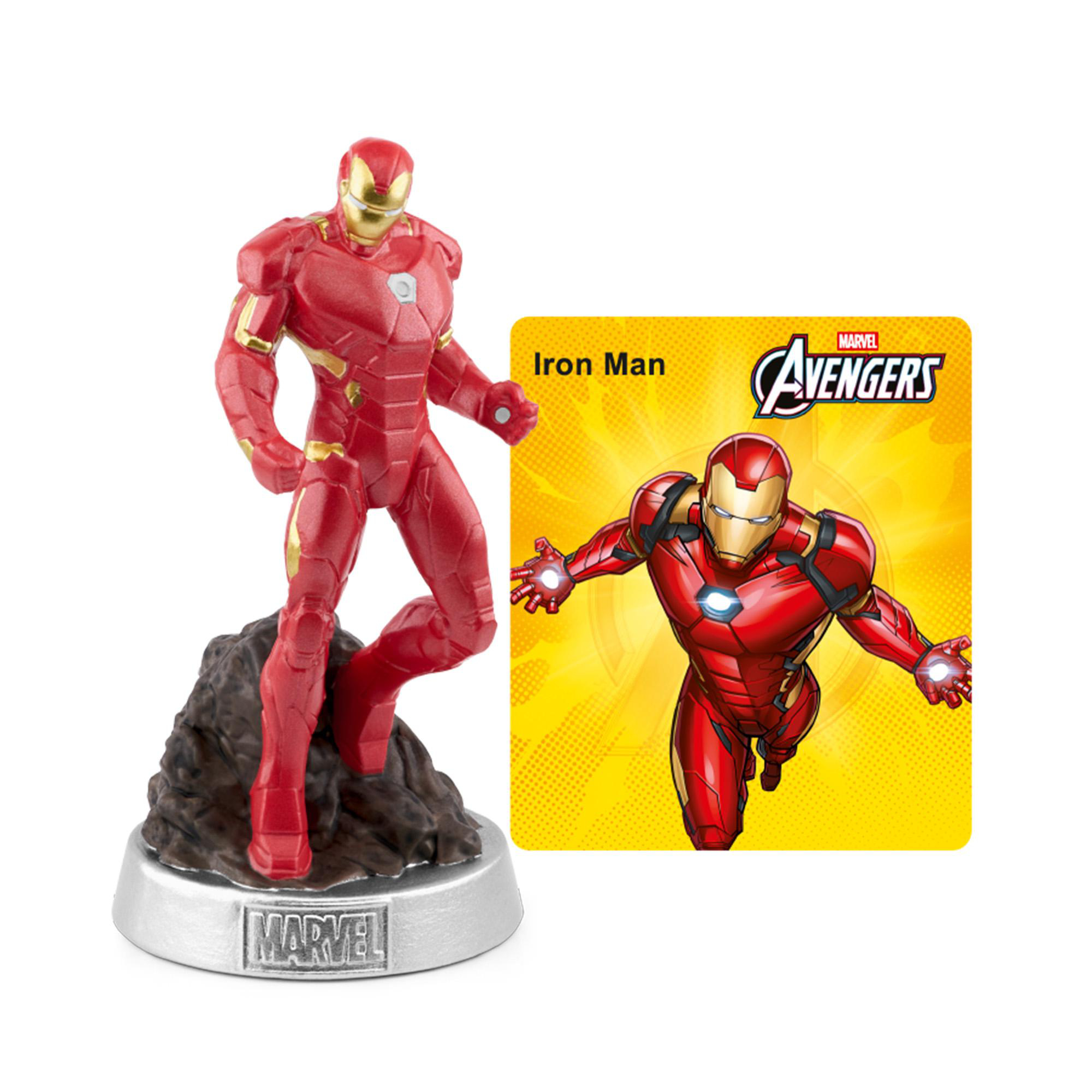 Eine rote und goldene Iron Man Figur auf einem Felsen neben einer Avengers-Grafik.