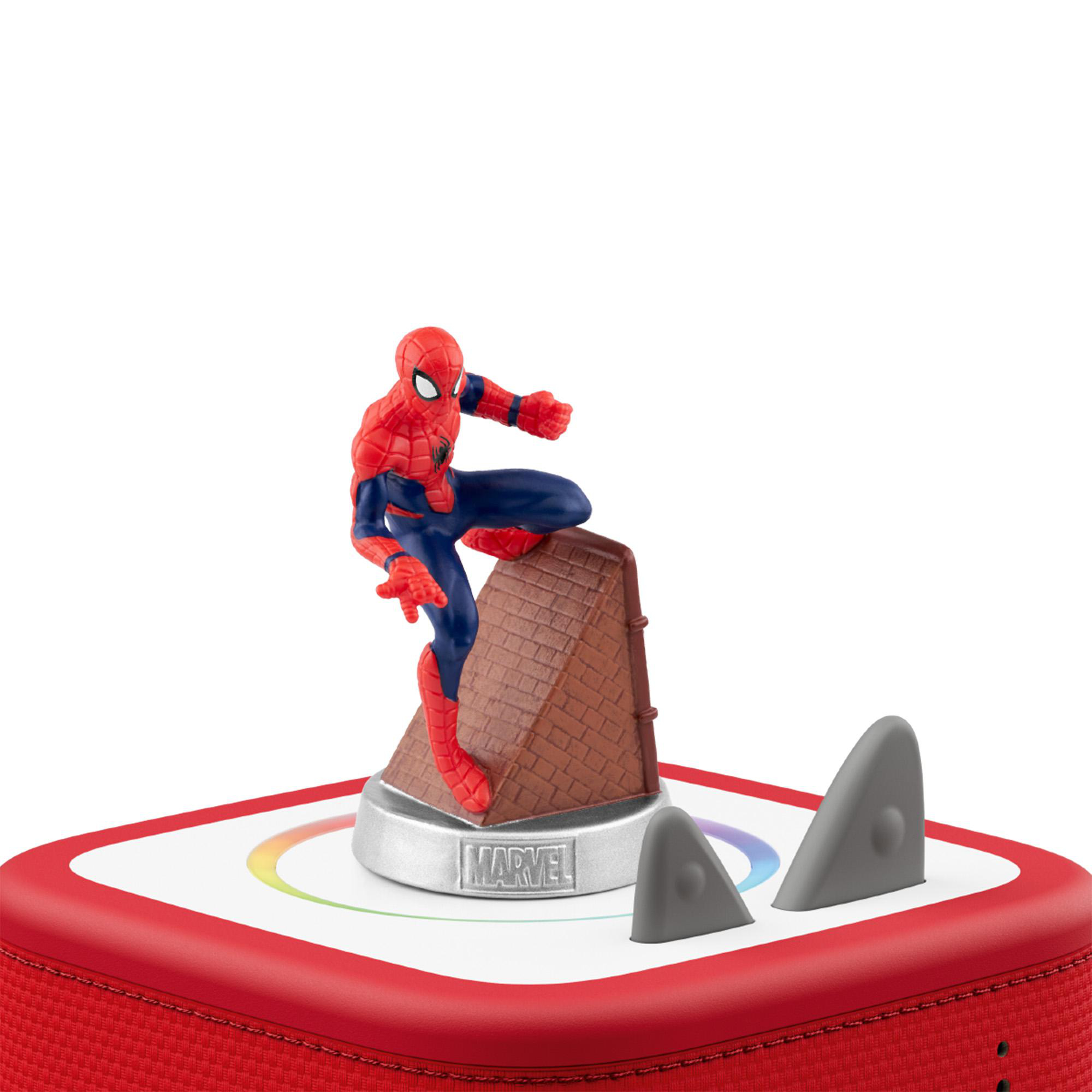Spider-Man-Figur auf einem roten Lautsprecher mit Hai-Flossen und Regenbogenlicht.
