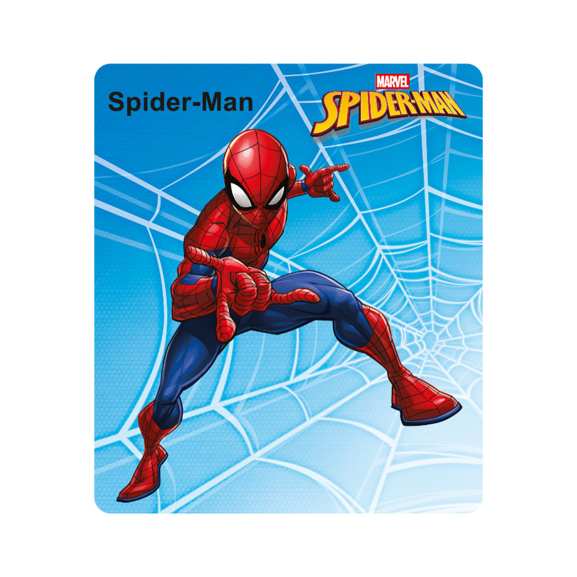 Spider-Man in Rot und Blau auf blauem Hintergrund mit Spinnennetz-Design.