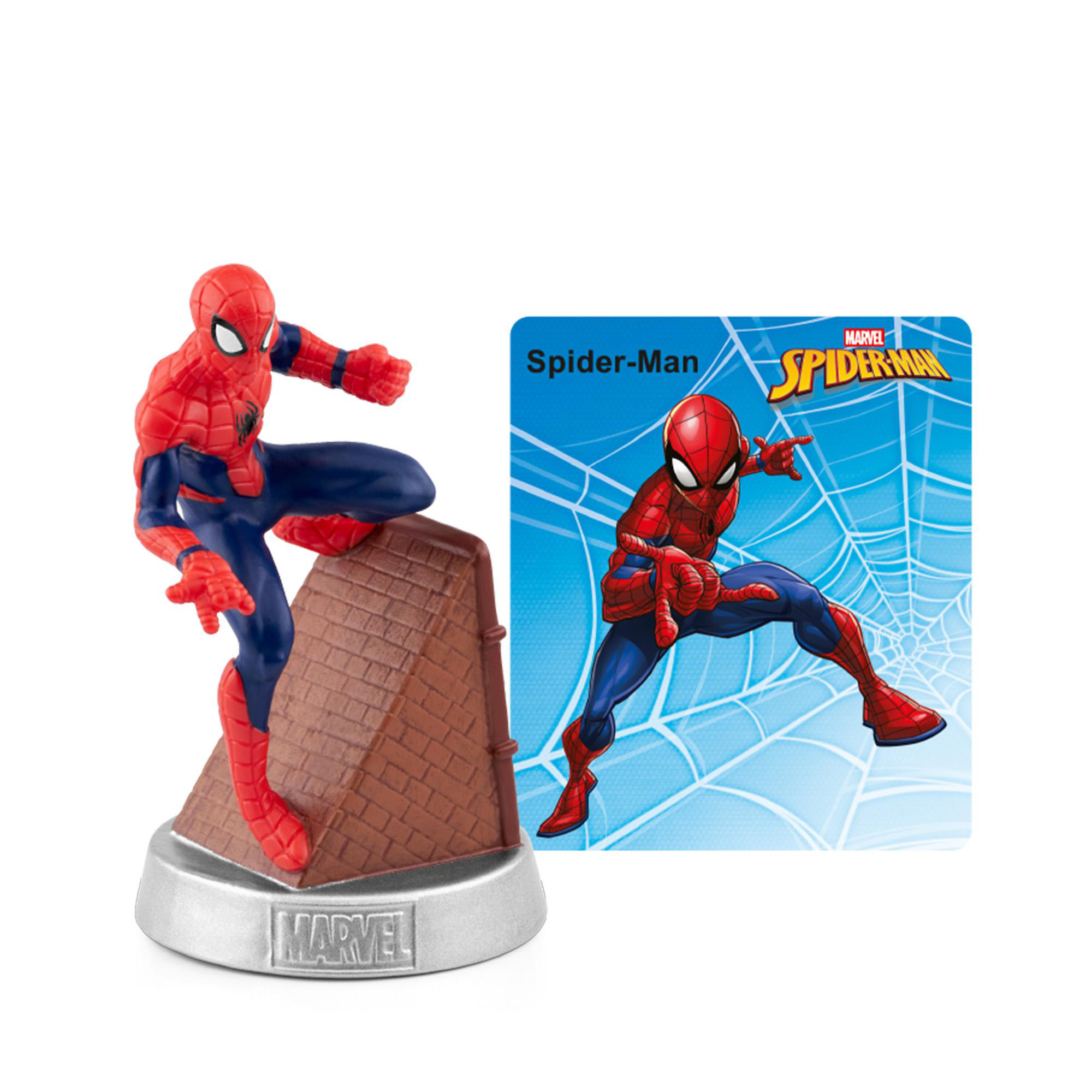 Spider-Man-Figur auf einem braunen Dachziegel mit Marvel-Logo.