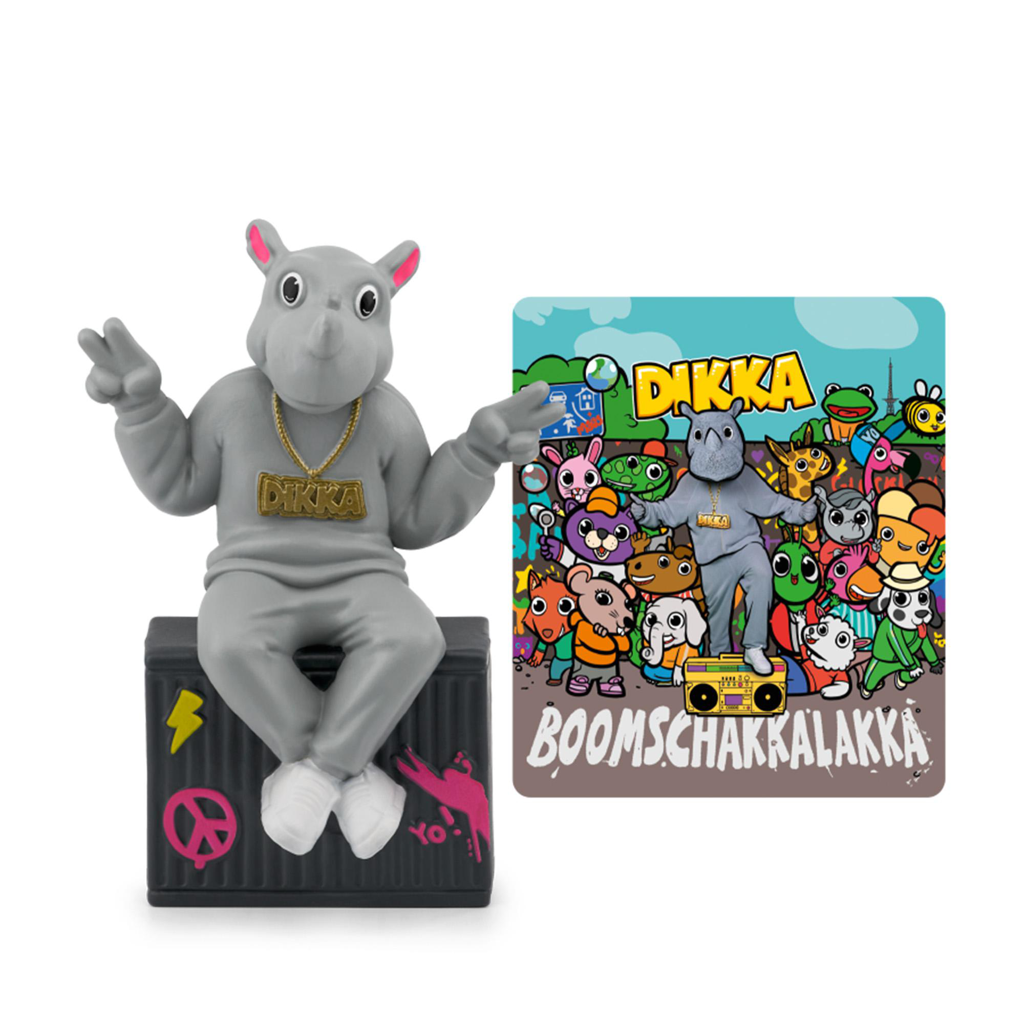 Graues Nashorn-Spielzeug sitzt auf Kiste neben Sticker mit Nashorn und Freunden.