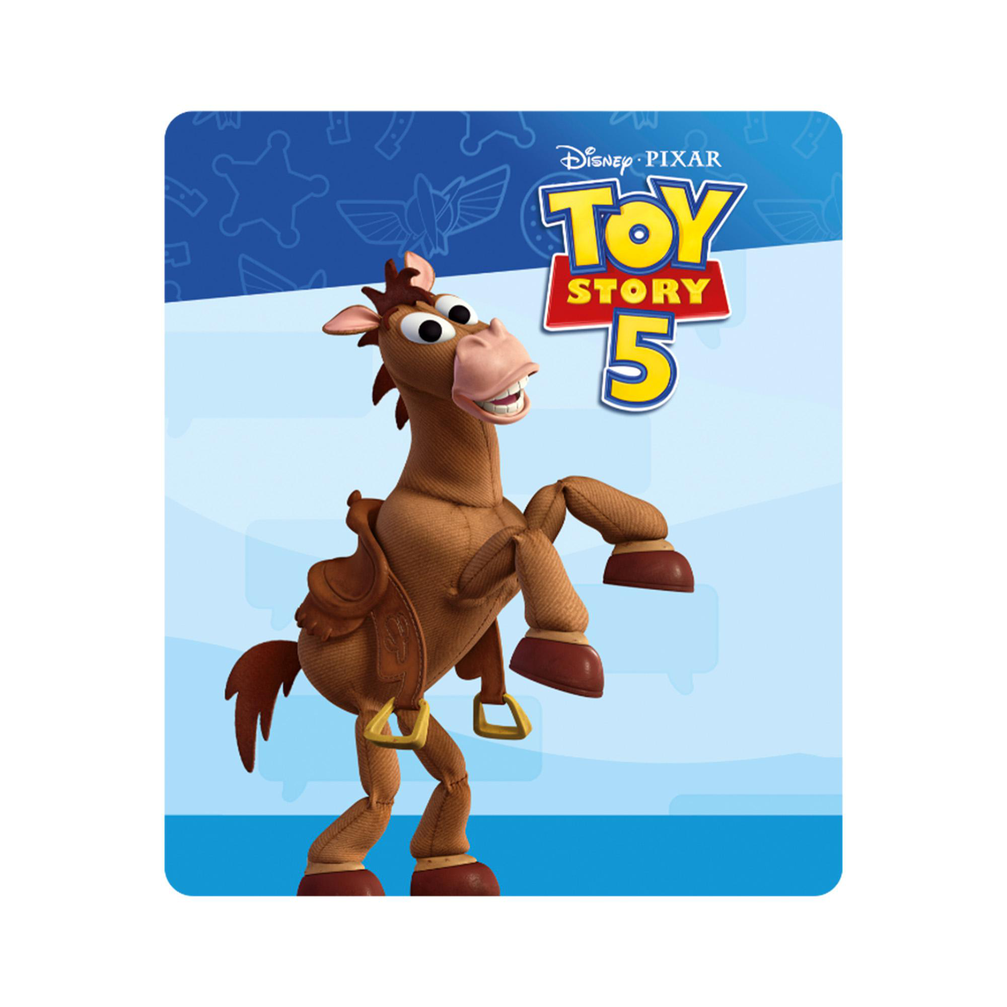 Bullseye, das Spielzeugpferd aus Toy Story 5, steht aufrecht mit Sattel und Zaumzeug.