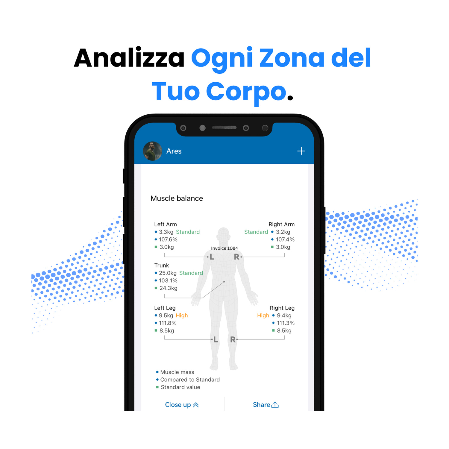 Uno smartphone mostra un'app di bilanciamento muscolare con dati per braccia, tronco e gambe.